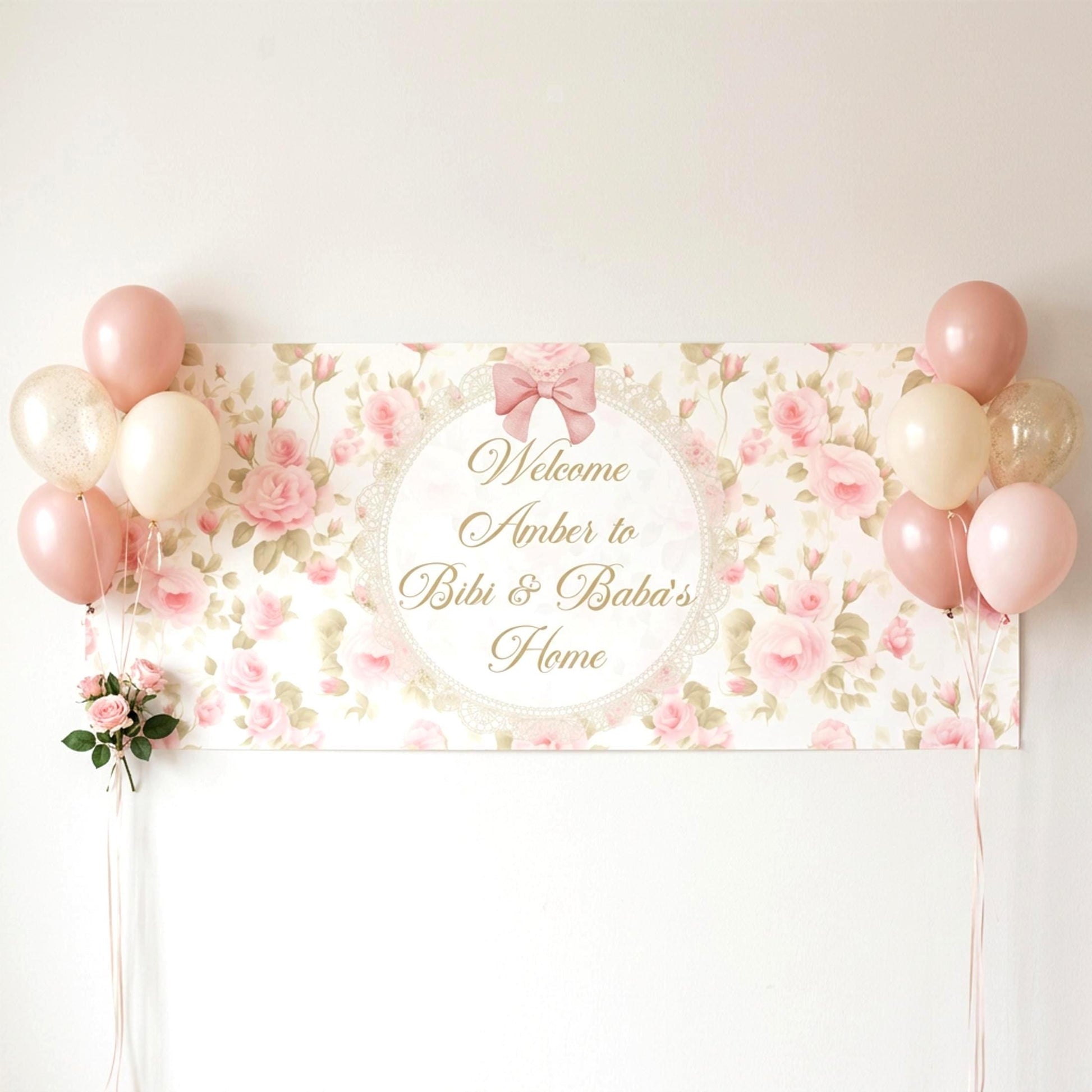 Personalised Floral Welcome Baby Girl Banner, Vintage Rose Nursery Poster
