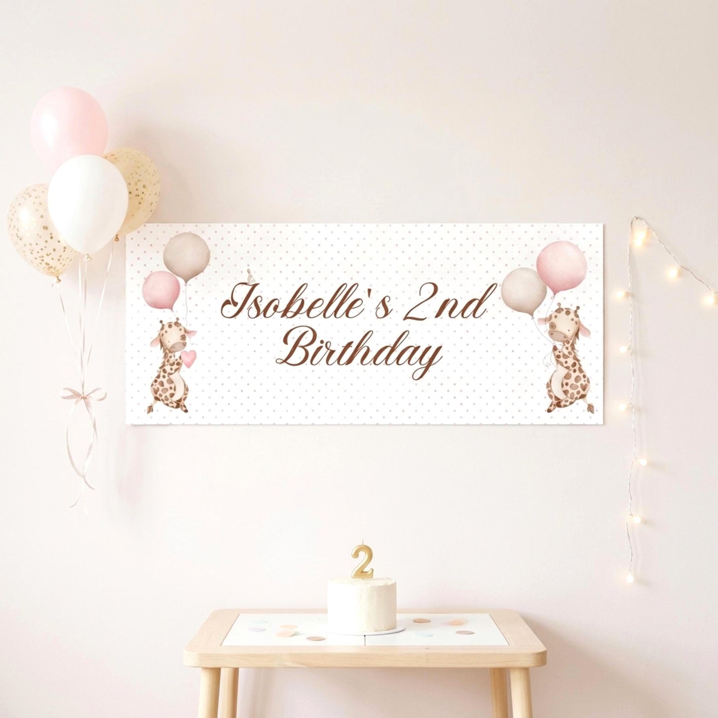 Personalised Giraffe Birthday Banner, Safari Party Backdrop, Pink Polka Dot Wall Sign