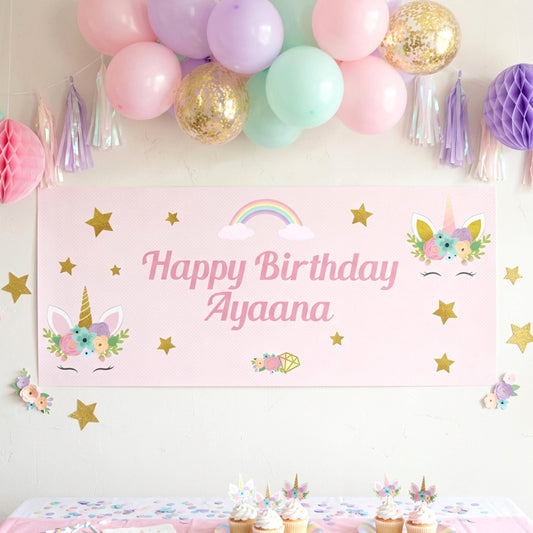 Personalised Unicorn Birthday Backdrop, Magical Rainbow Party Decor for Girls, Cake Table Wall Decor