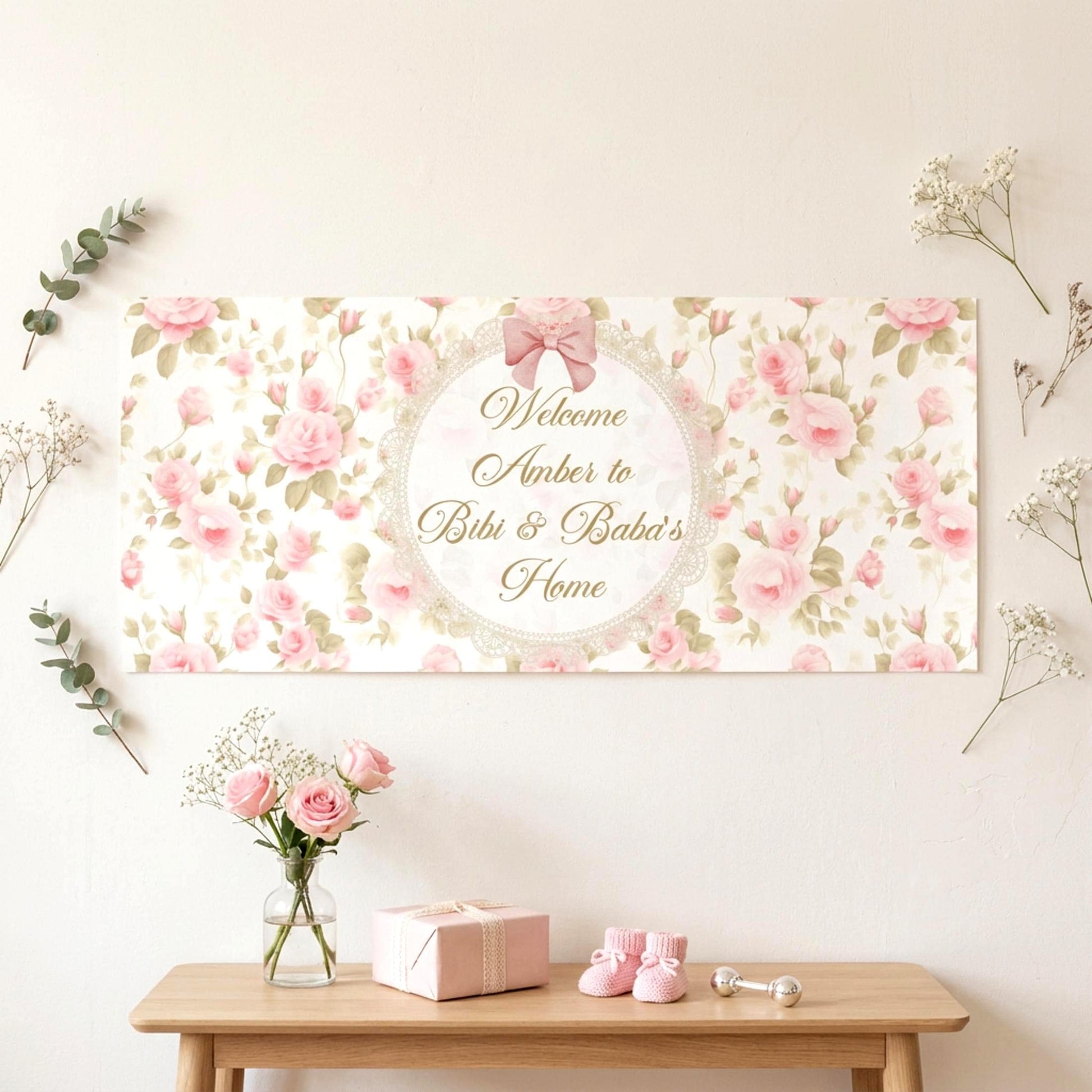Personalised Floral Welcome Baby Girl Banner, Vintage Rose Nursery Poster