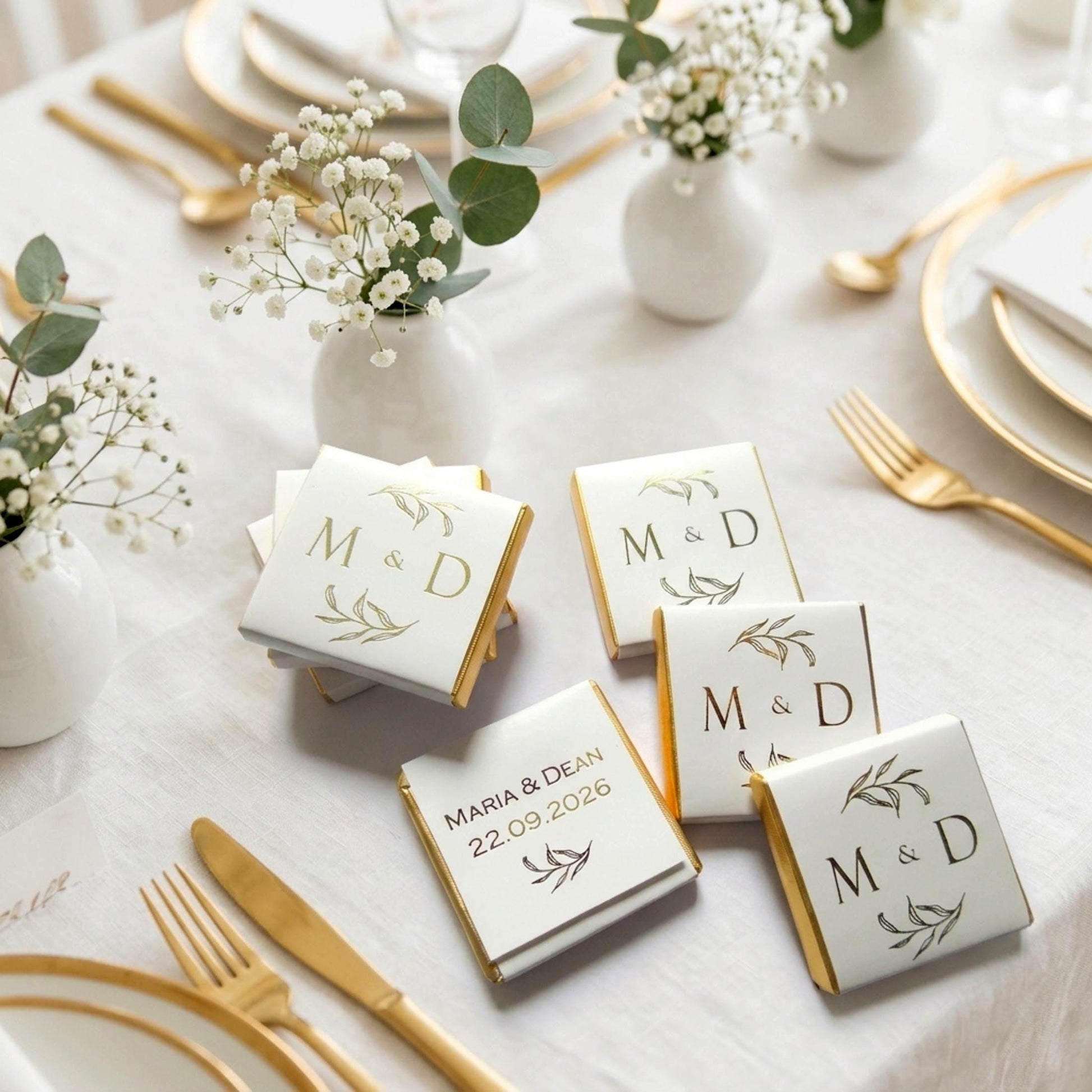 Personalised Wedding Favours, Golden Leaves Initials Chocolates, Gold Foiled Treats