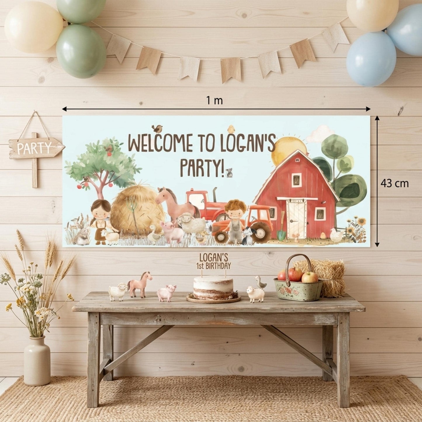 Personalised Farmyard Birthday Banner, Custom Farm Theme Party Backdrop