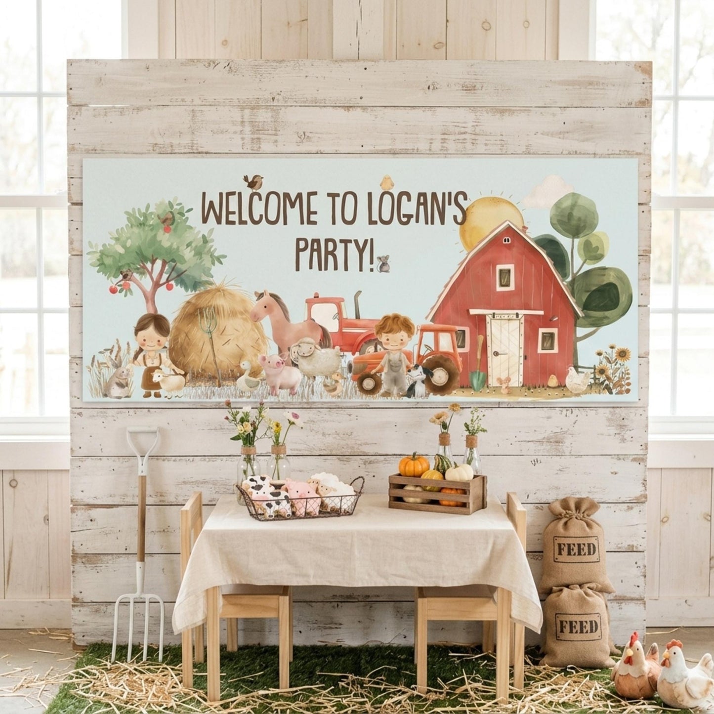 Personalised Farmyard Birthday Banner, Custom Farm Theme Party Backdrop