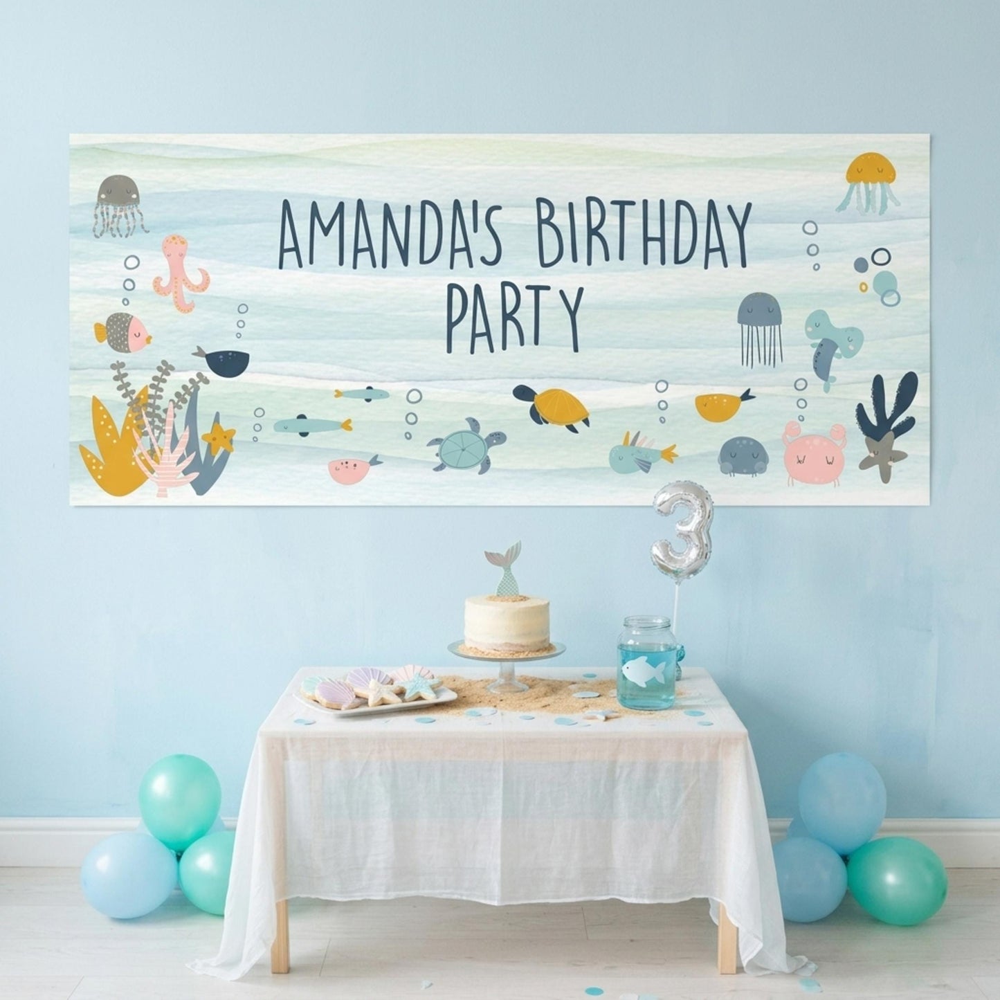 Personalised Under The Sea Birthday Banner, Custom Ocean Theme Party Backdrop