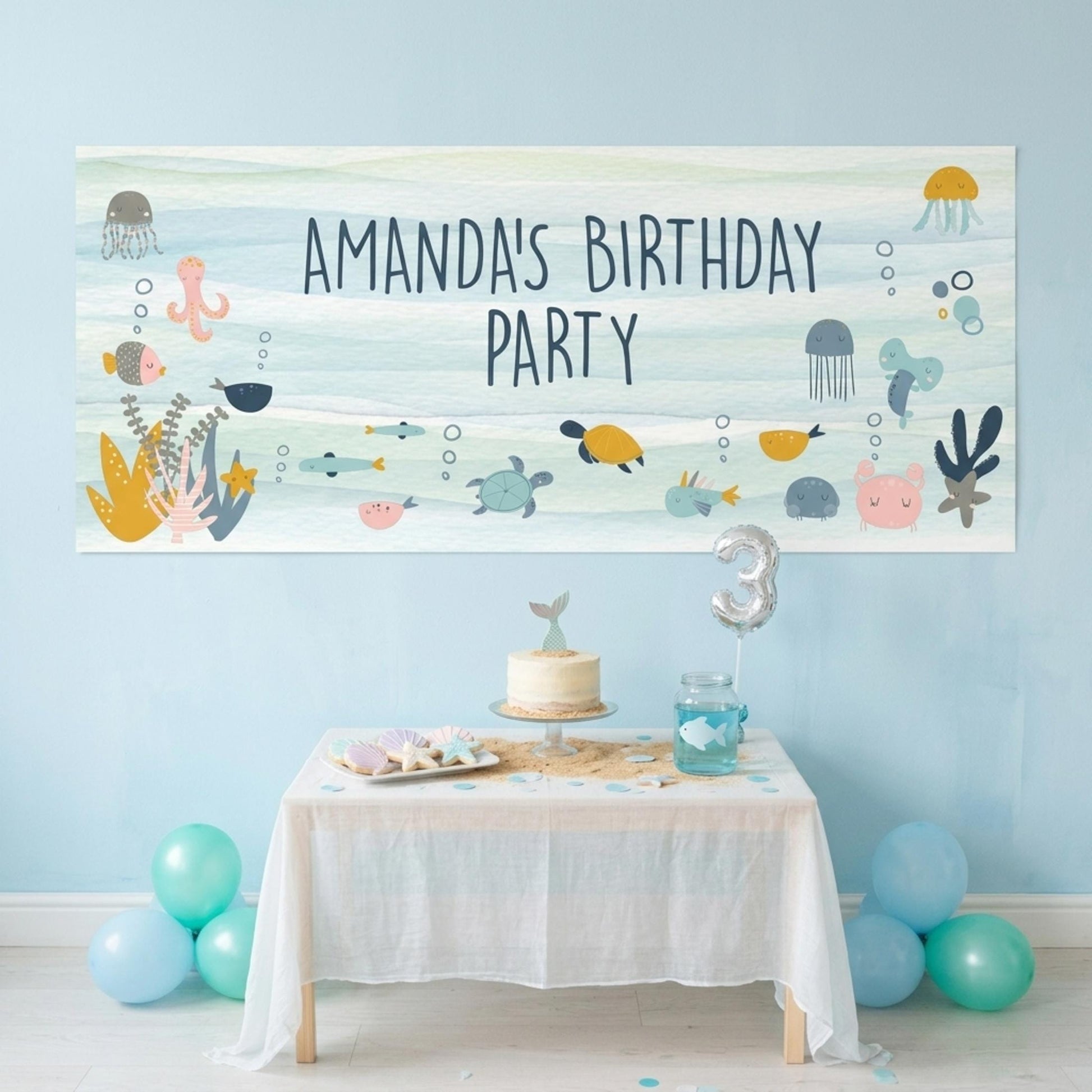 Personalised Under The Sea Birthday Banner, Custom Ocean Theme Party Backdrop