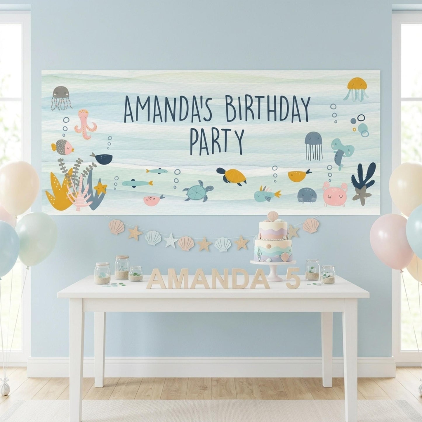 Personalised Under The Sea Birthday Banner, Custom Ocean Theme Party Backdrop