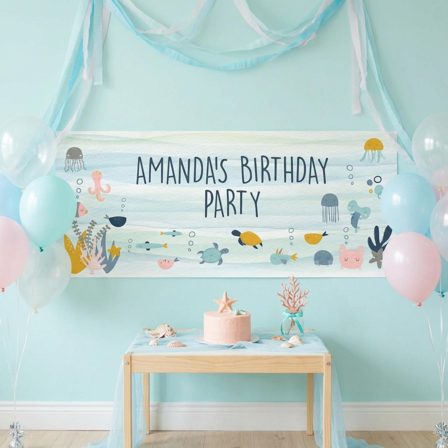 Personalised Under The Sea Birthday Banner, Custom Ocean Theme Party Backdrop