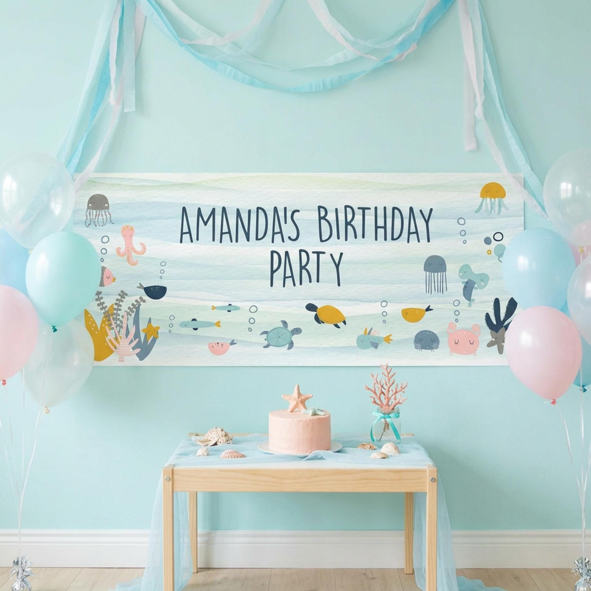 Personalised Under The Sea Birthday Banner, Custom Ocean Theme Party Backdrop