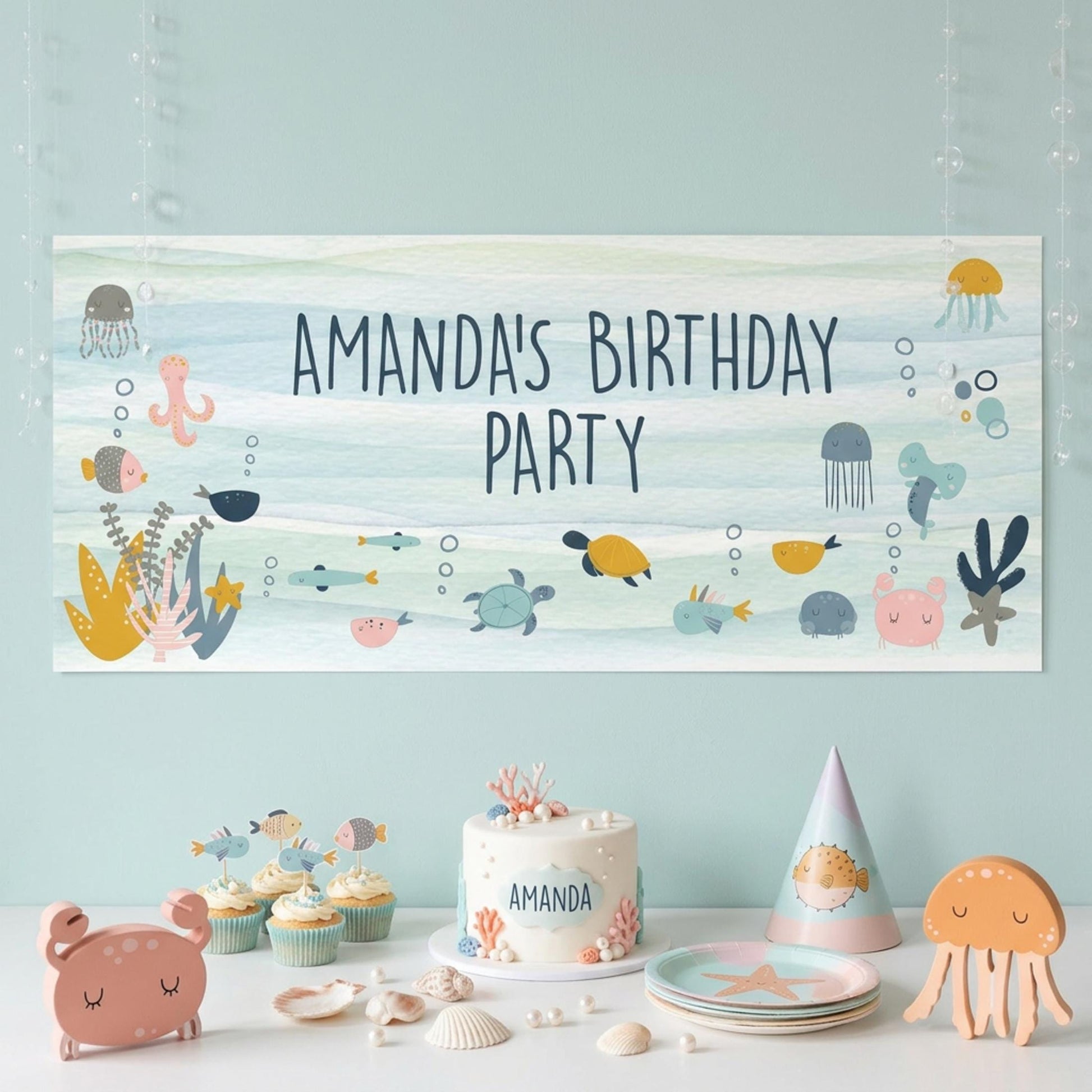 Personalised Under The Sea Birthday Banner, Custom Ocean Theme Party Backdrop