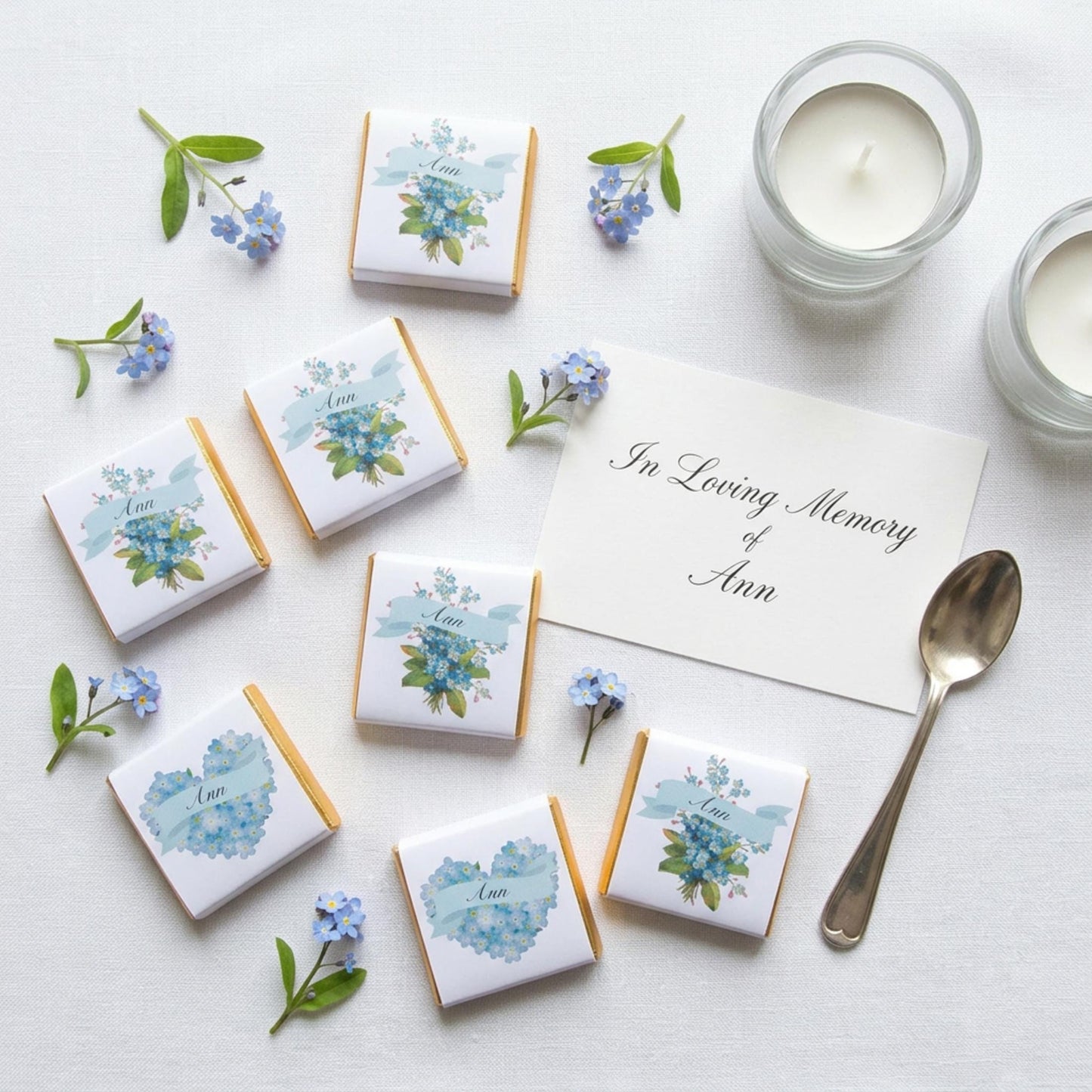 Personalised Forget Me Not Memorial Chocolate Favours – Remembrance Guest Gifts