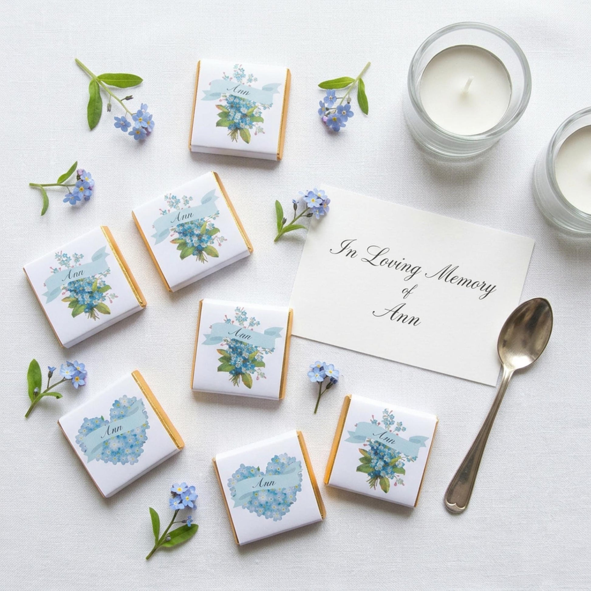 Personalised Forget Me Not Memorial Chocolate Favours – Remembrance Guest Gifts