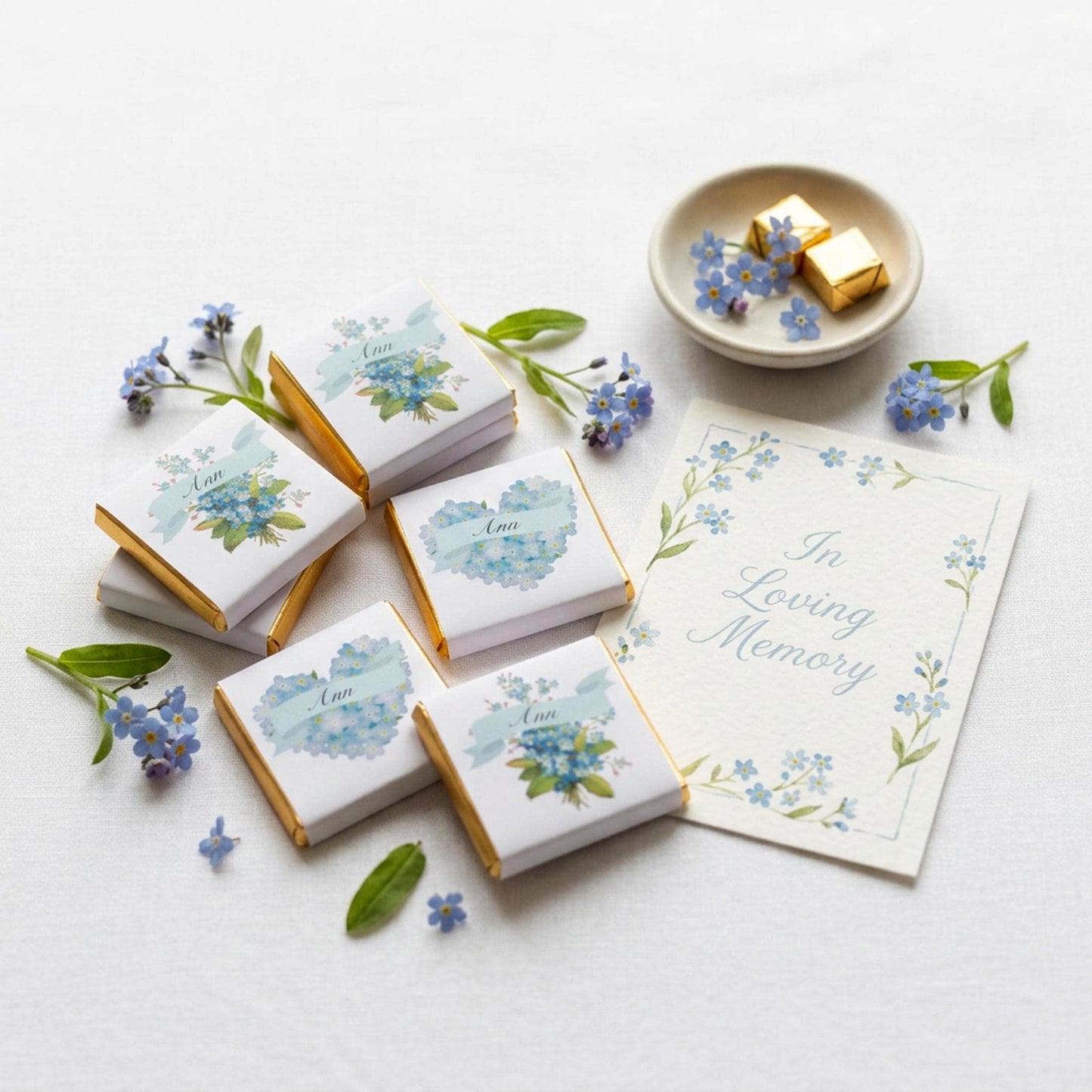 Personalised Forget Me Not Memorial Chocolate Favours – Remembrance Guest Gifts