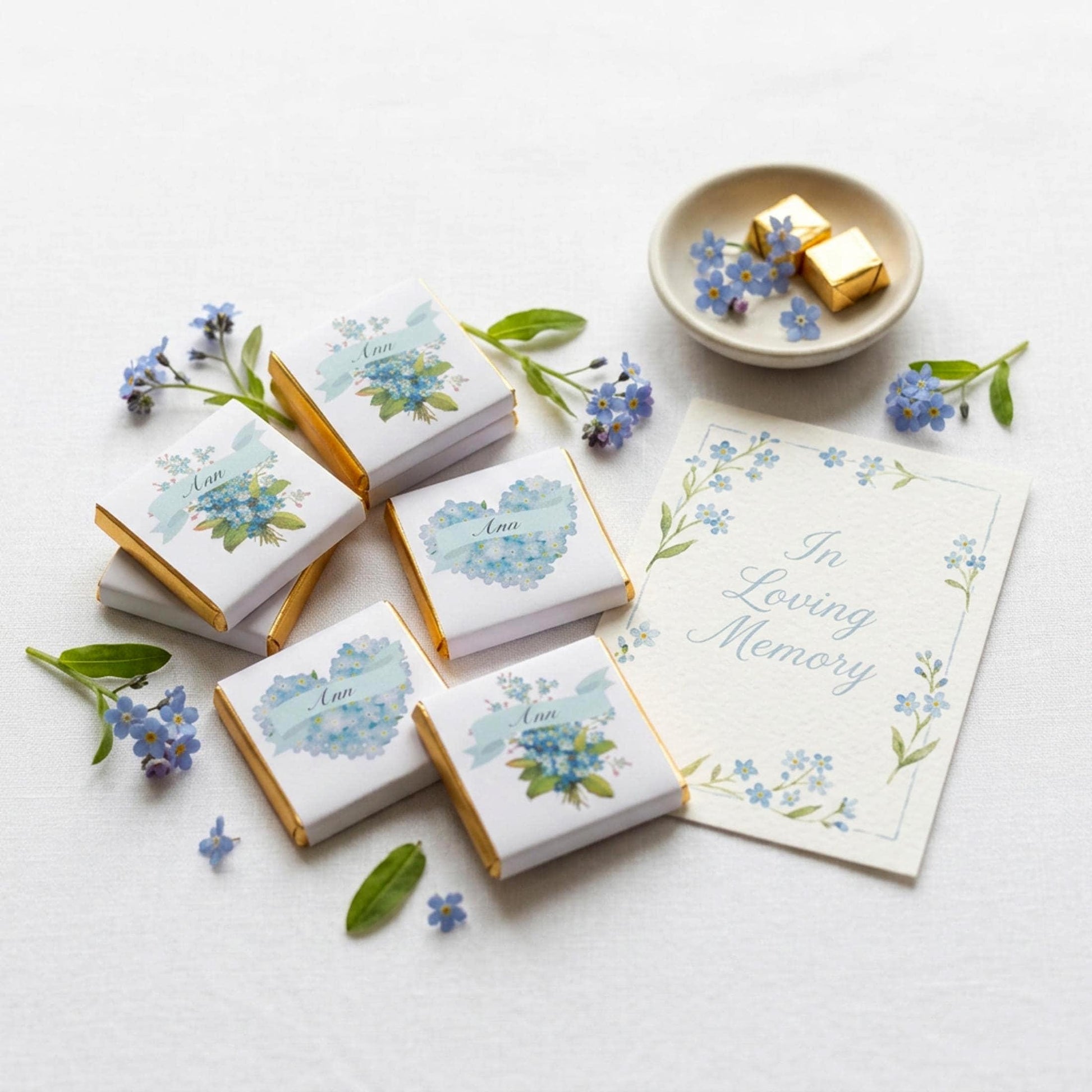 Personalised Forget Me Not Memorial Chocolate Favours – Remembrance Guest Gifts