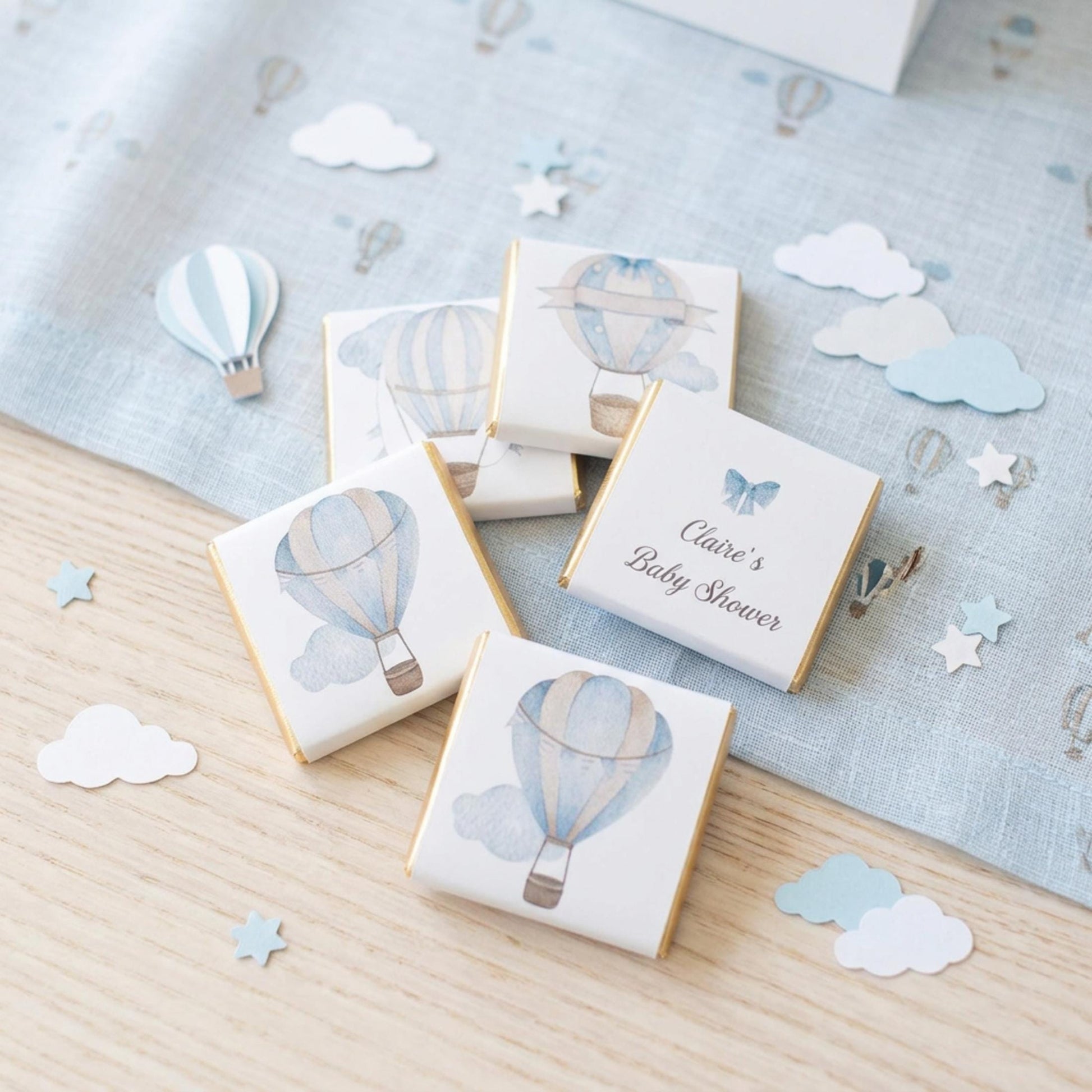 Personalised Baby Boy Shower Favours - Blue Hot Air Balloon Chocolate Treats - Custom Adventure Awaits Guest Gifts - Little Man Party Bags