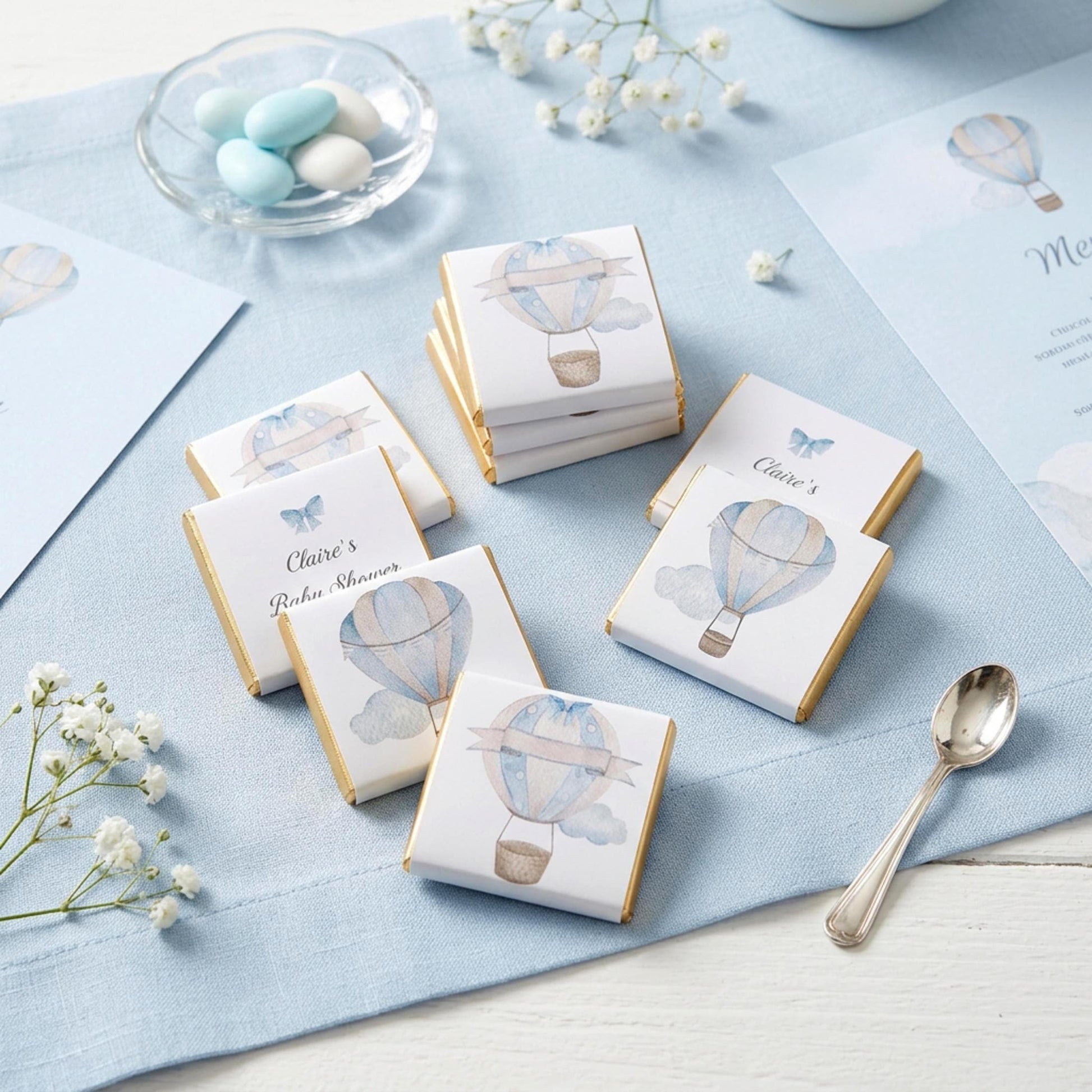 Personalised Baby Boy Shower Favours - Blue Hot Air Balloon Chocolate Treats - Custom Adventure Awaits Guest Gifts - Little Man Party Bags