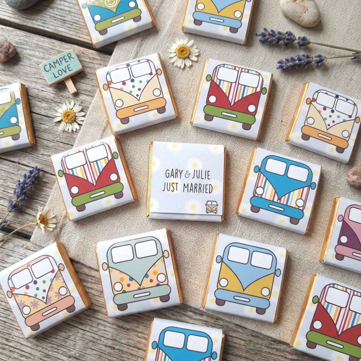 Personalised Camper Van Party Favours, Wedding Treats, Camping Birthday Chocolates, Customised Guest Gifts