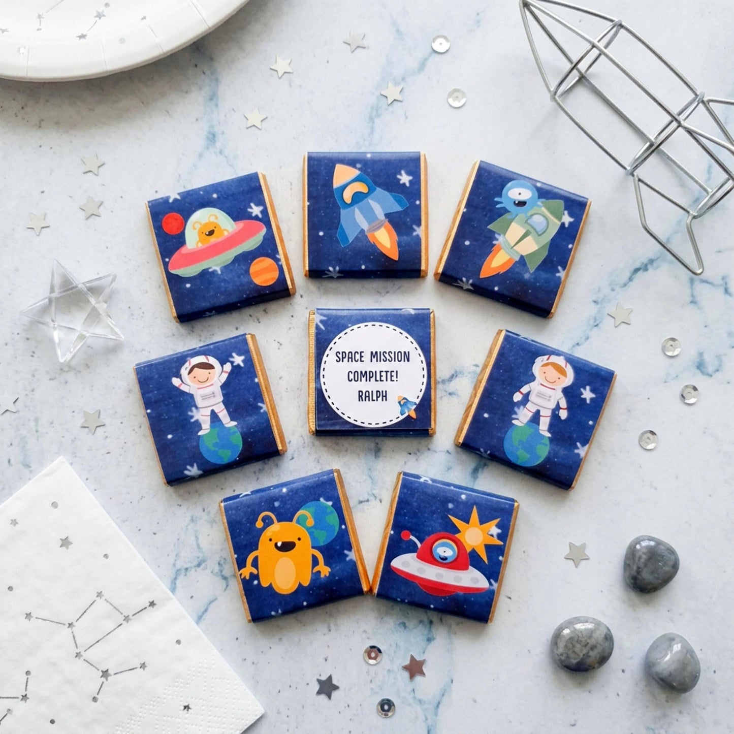 Personalised Space Birthday Chocolates – Astronaut Rocket Party Favours