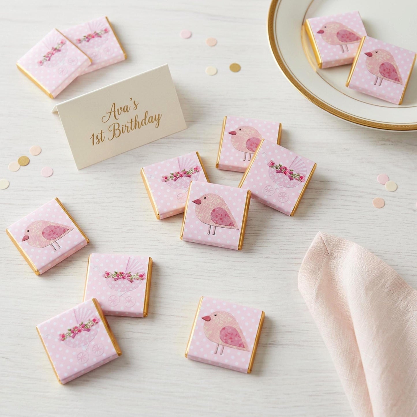 Personalised Baby Girl Chocolate Favours – Pink Bird Pram Sweets
