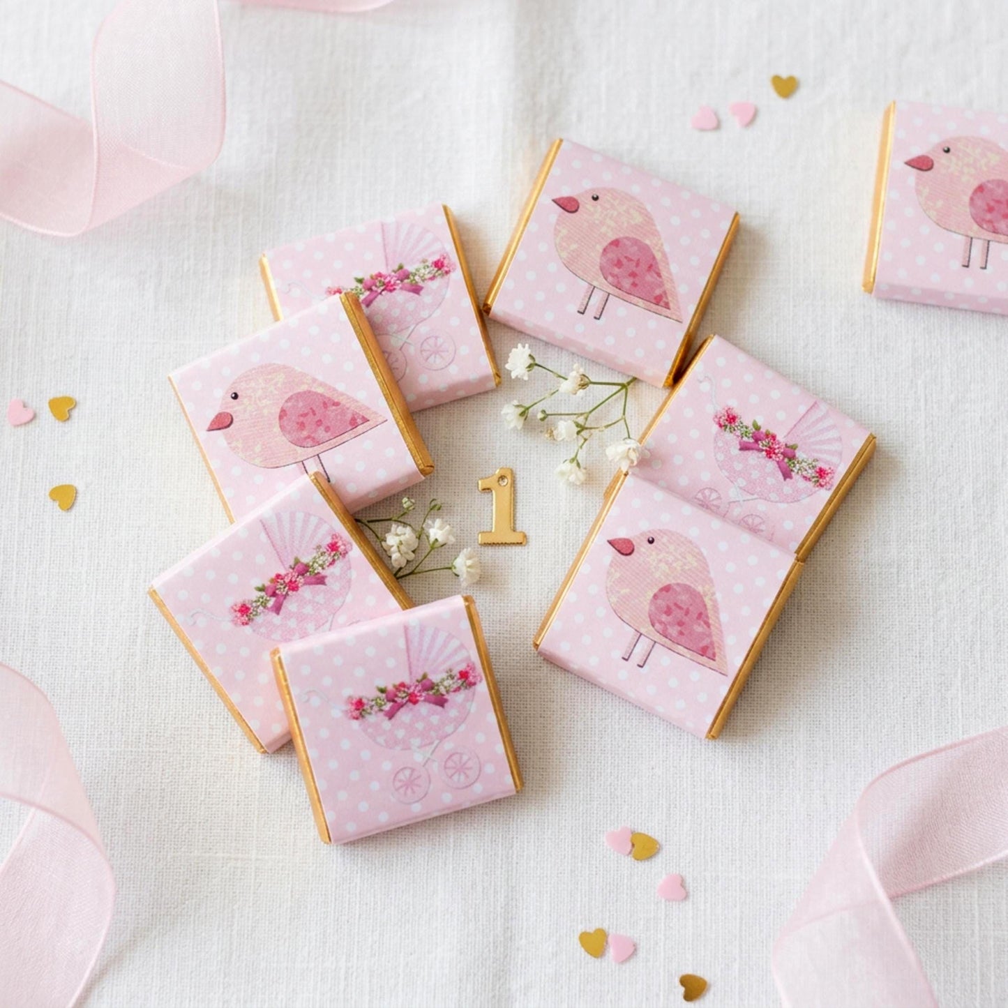 Personalised Baby Girl Chocolate Favours – Pink Bird Pram Sweets