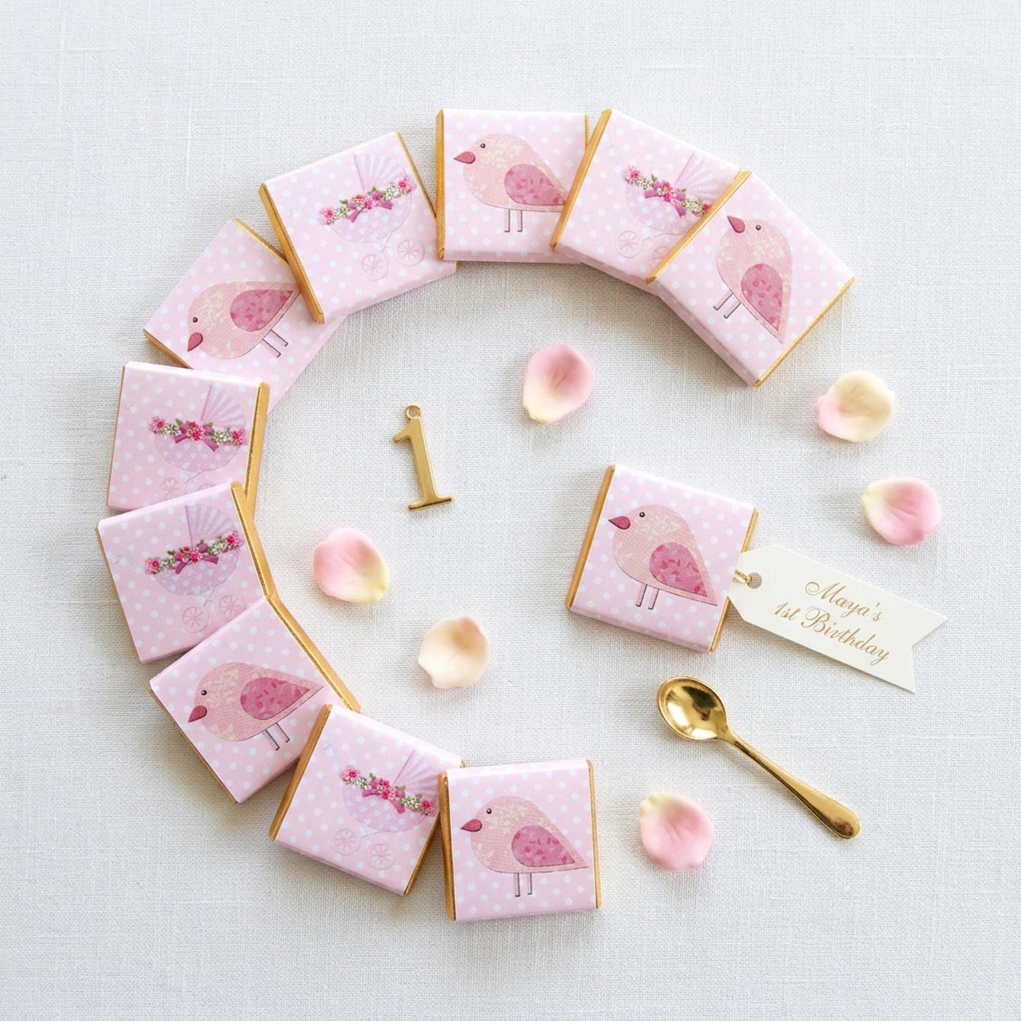 Personalised Baby Girl Chocolate Favours – Pink Bird Pram Sweets
