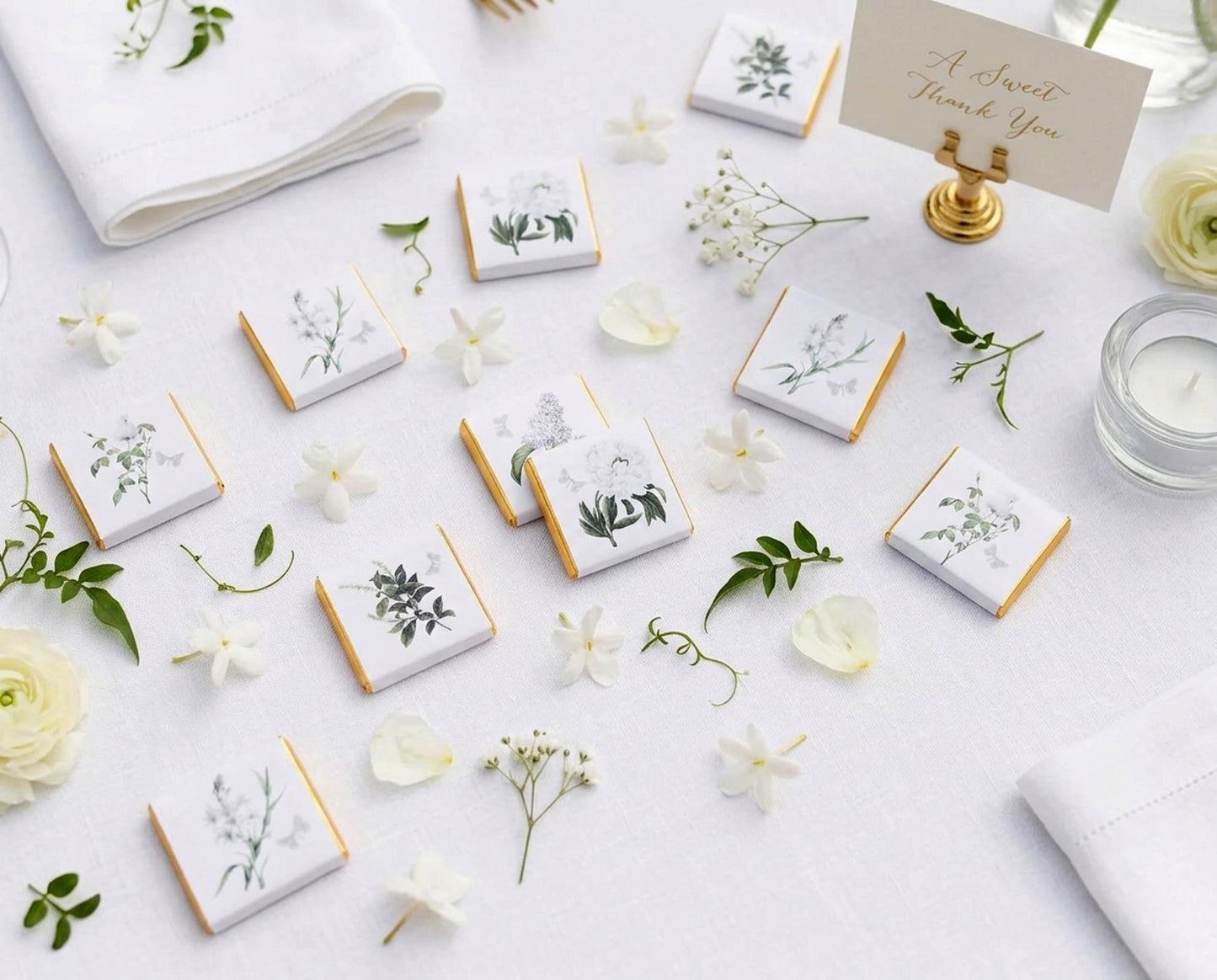 Personalised White Floral Wedding Chocolates – Botanical Party Favours, Guest Gifts