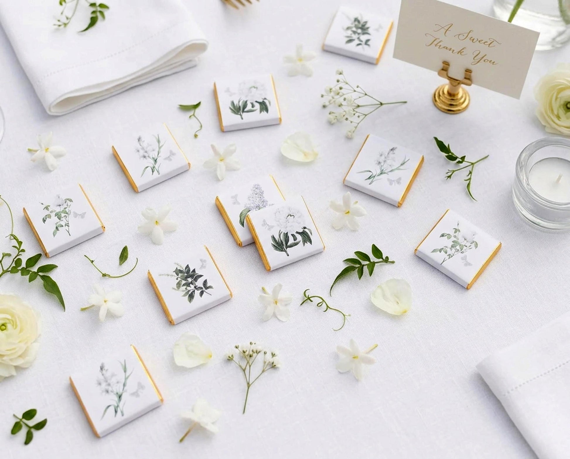 Personalised White Floral Wedding Chocolates – Botanical Party Favours, Guest Gifts