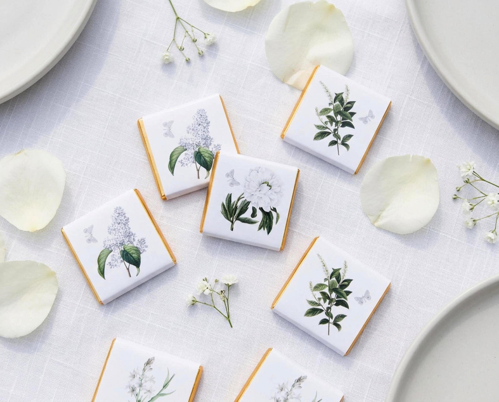 Personalised White Floral Wedding Chocolates – Botanical Party Favours, Guest Gifts