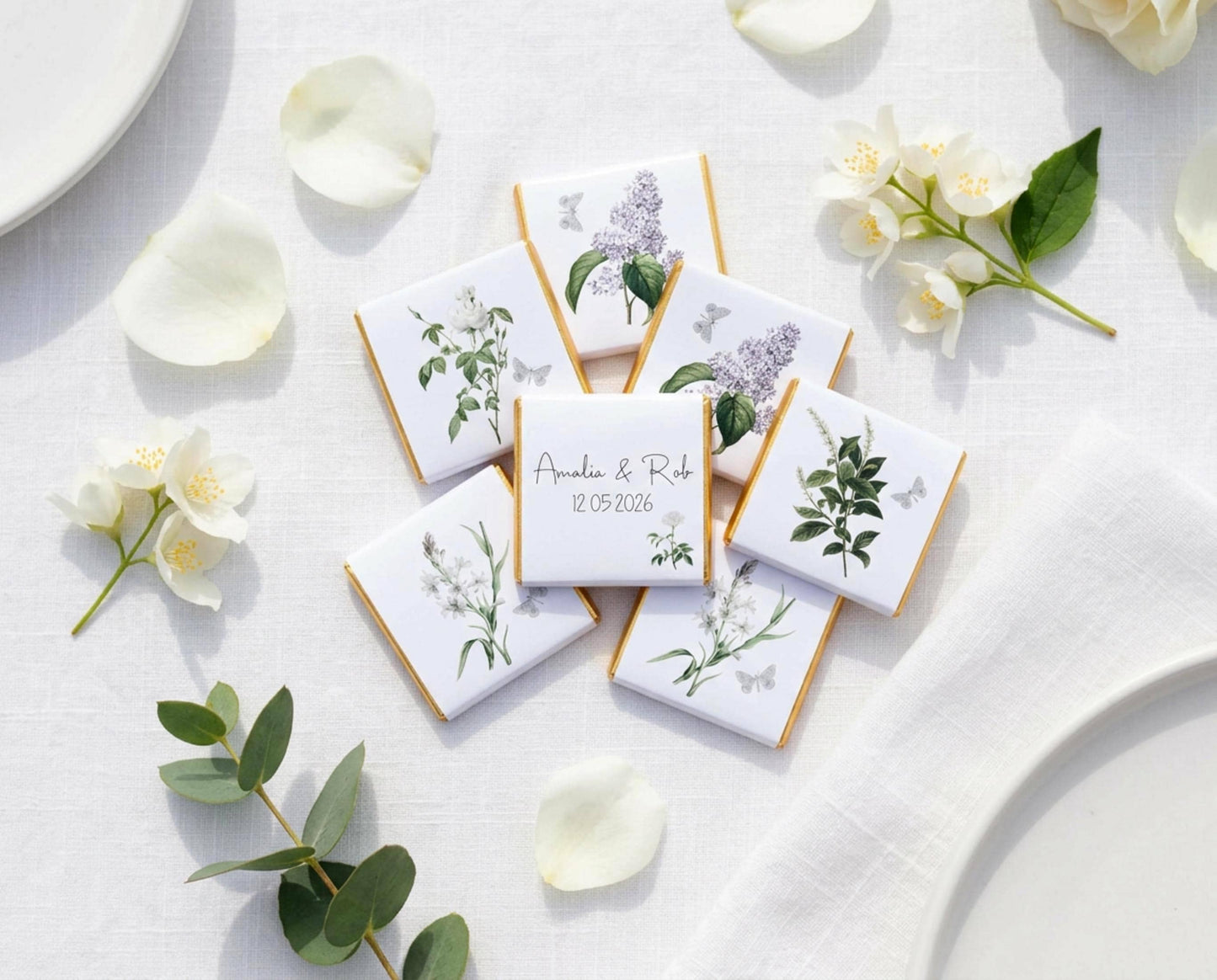 Personalised White Floral Wedding Chocolates – Botanical Party Favours, Guest Gifts