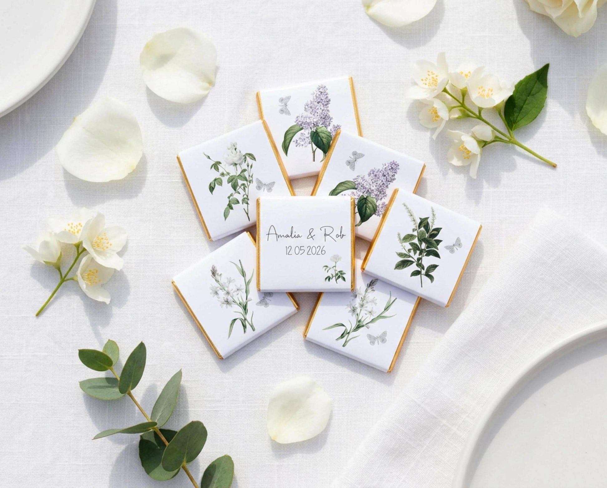 Personalised White Floral Wedding Chocolates – Botanical Party Favours, Guest Gifts