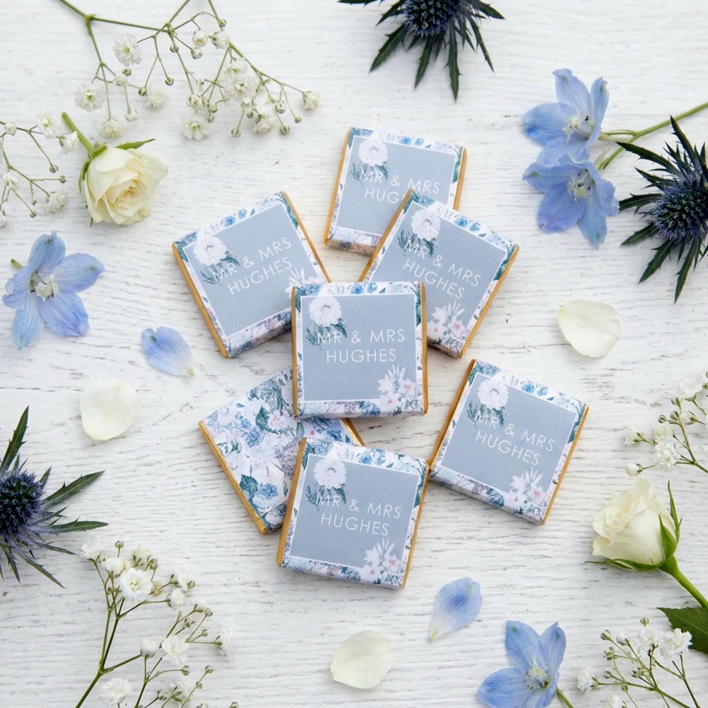 Personalised Blue Floral Wedding Chocolates – Custom Guest Favours
