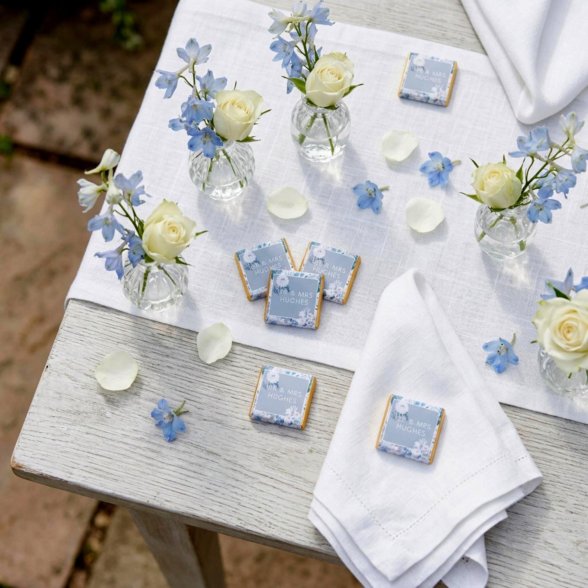 Personalised Blue Floral Wedding Chocolates – Custom Guest Favours