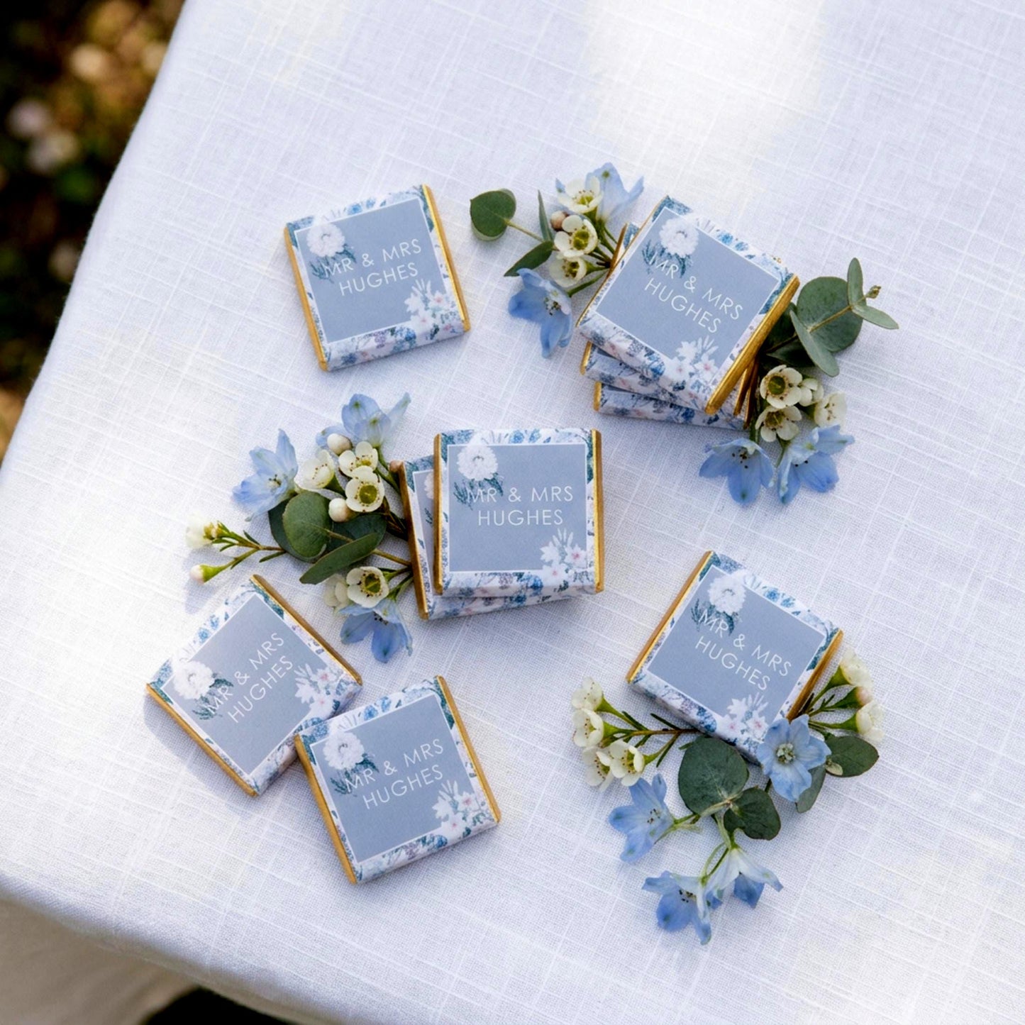 Personalised Blue Floral Wedding Chocolates – Custom Guest Favours