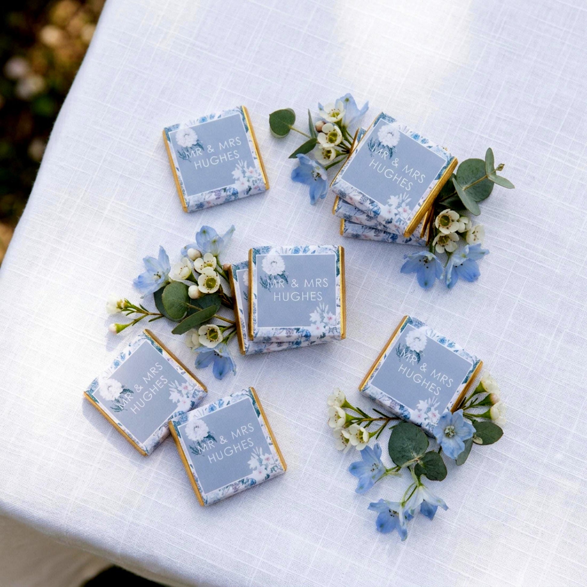 Personalised Blue Floral Wedding Chocolates – Custom Guest Favours