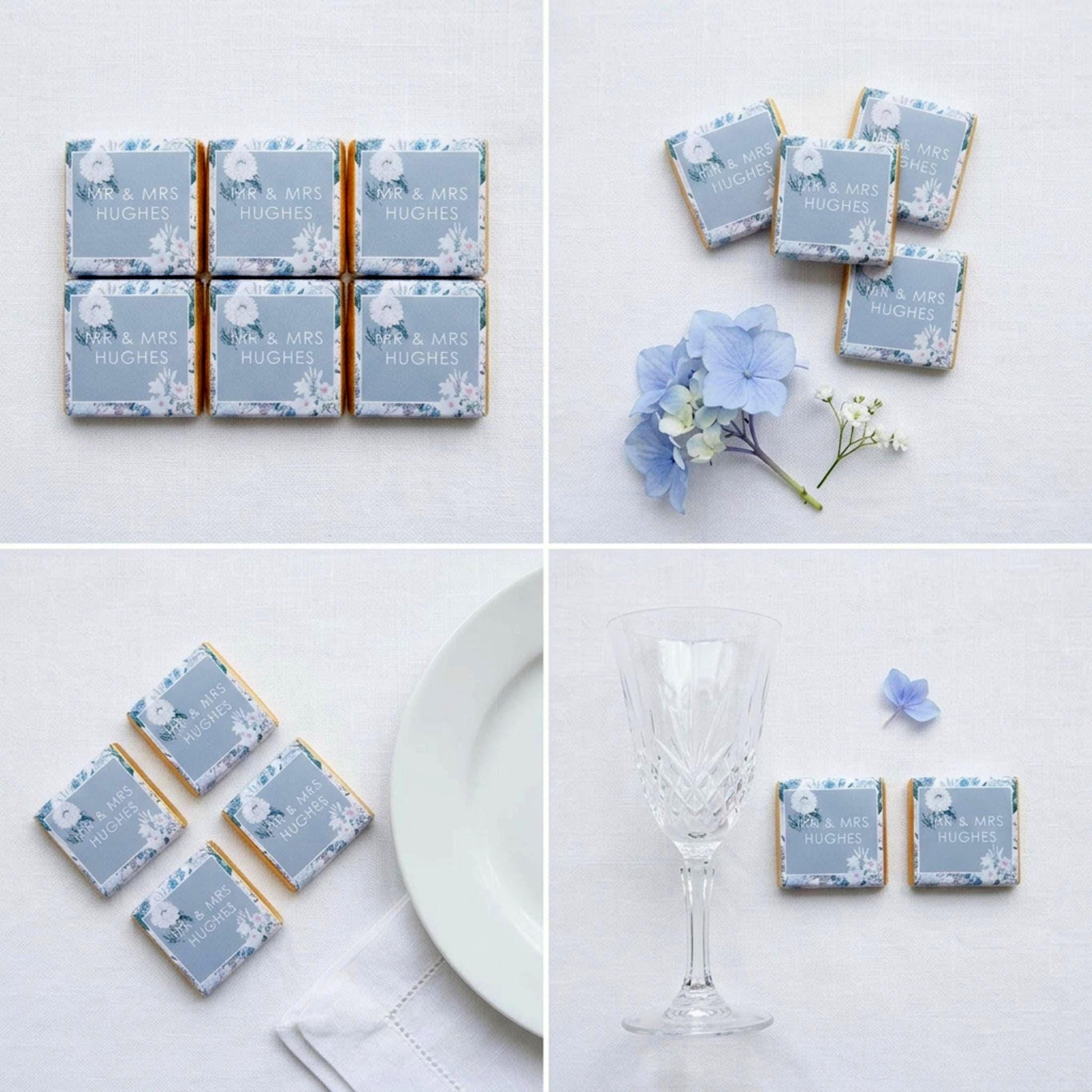 Personalised Blue Floral Wedding Chocolates – Custom Guest Favours