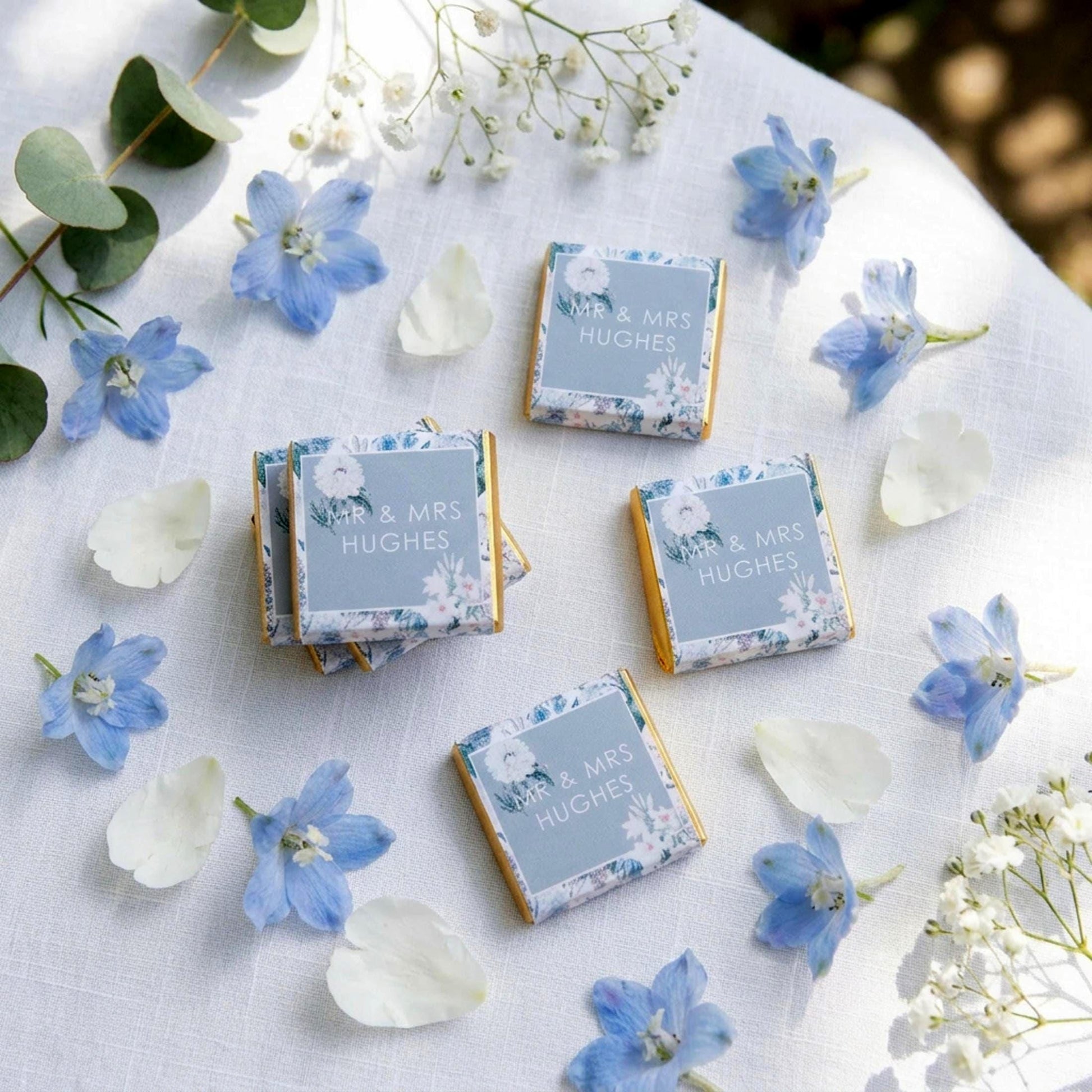 Personalised Blue Floral Wedding Chocolates – Custom Guest Favours