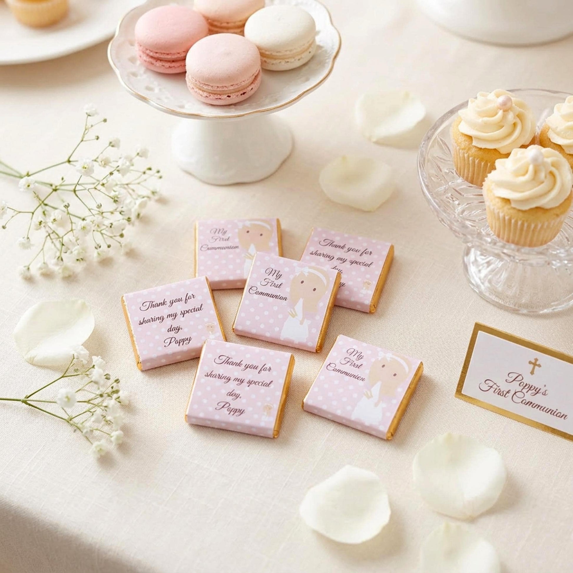 Personalised 1st Holy Communion Favours - Girls Pink Floral Chocolate Treats - Religious Party Bag Filler
