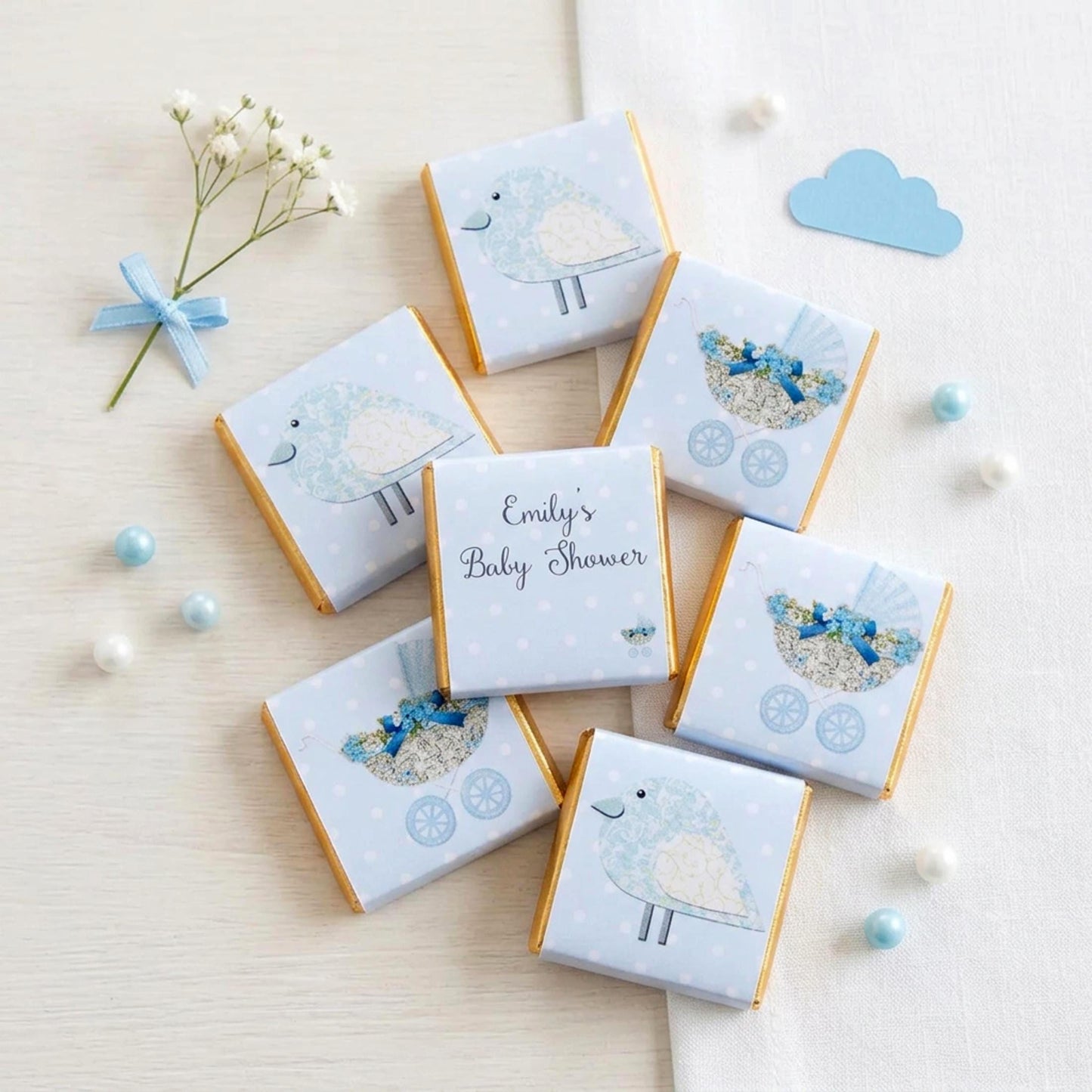Personalised Baby Shower Chocolates – Pastel Blue Bird & Pram Treats