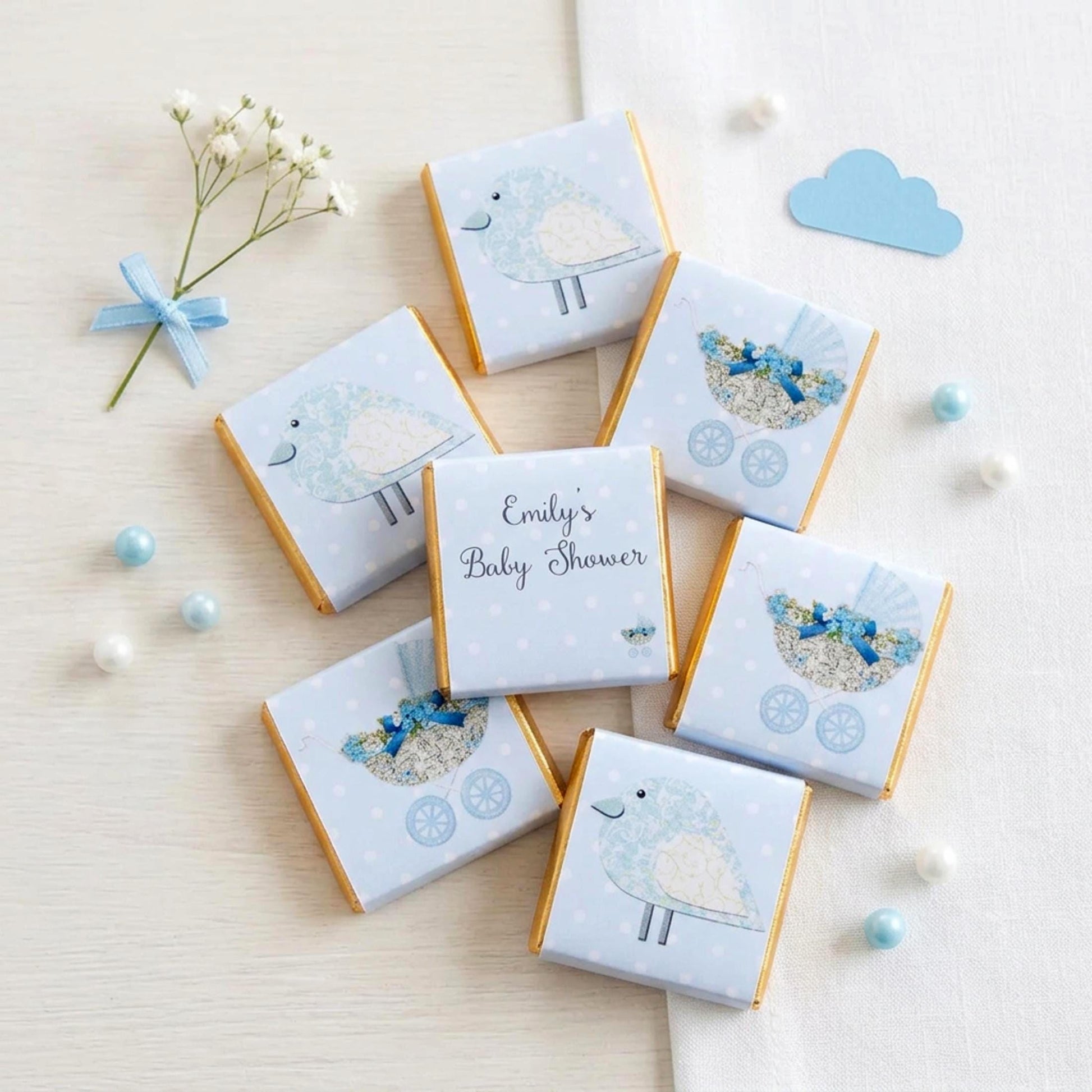 Personalised Baby Shower Chocolates – Pastel Blue Bird & Pram Treats
