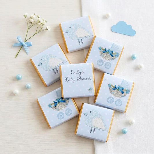 Personalised Baby Shower Chocolates – Pastel Blue Bird & Pram Treats