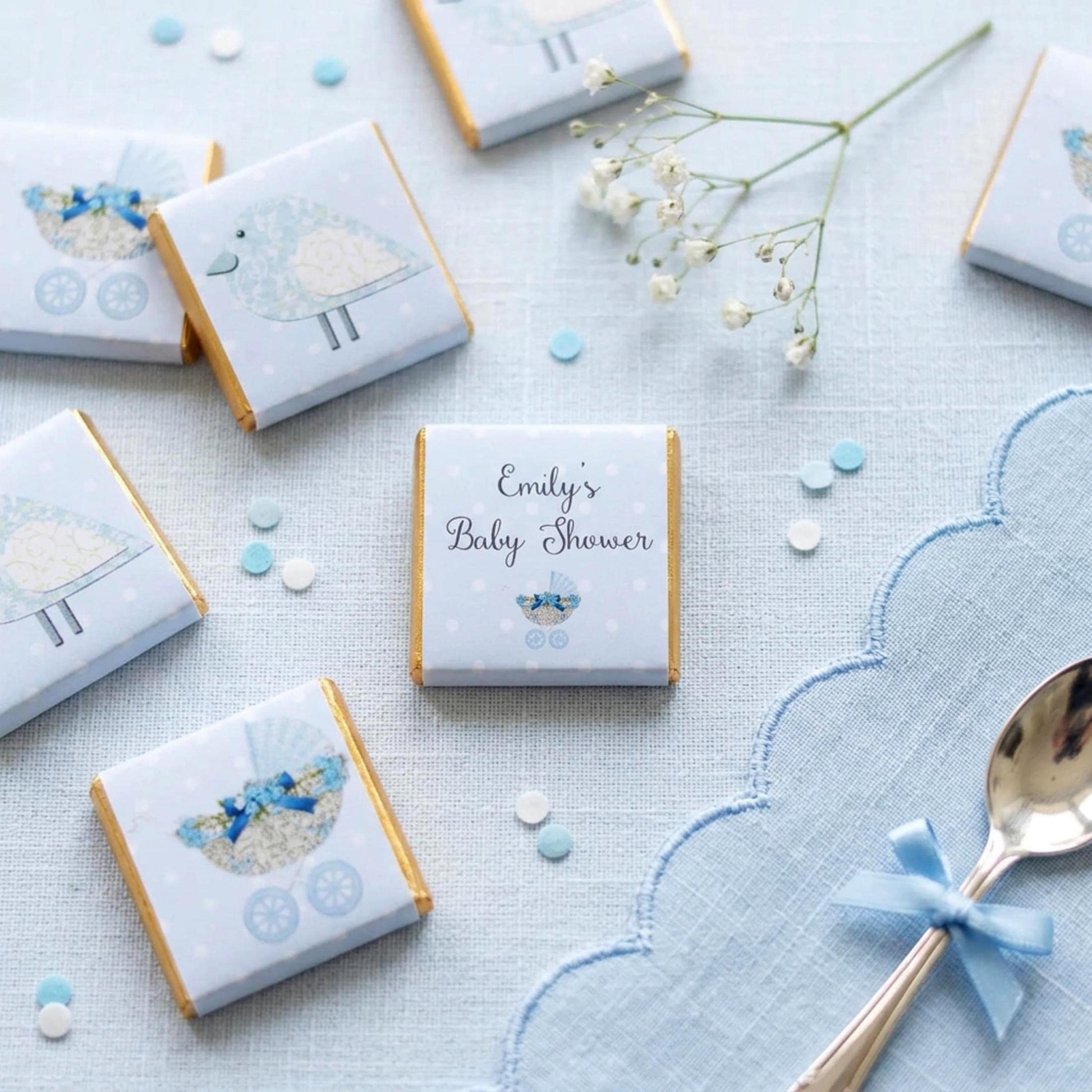 Personalised Baby Shower Chocolates – Pastel Blue Bird & Pram Treats