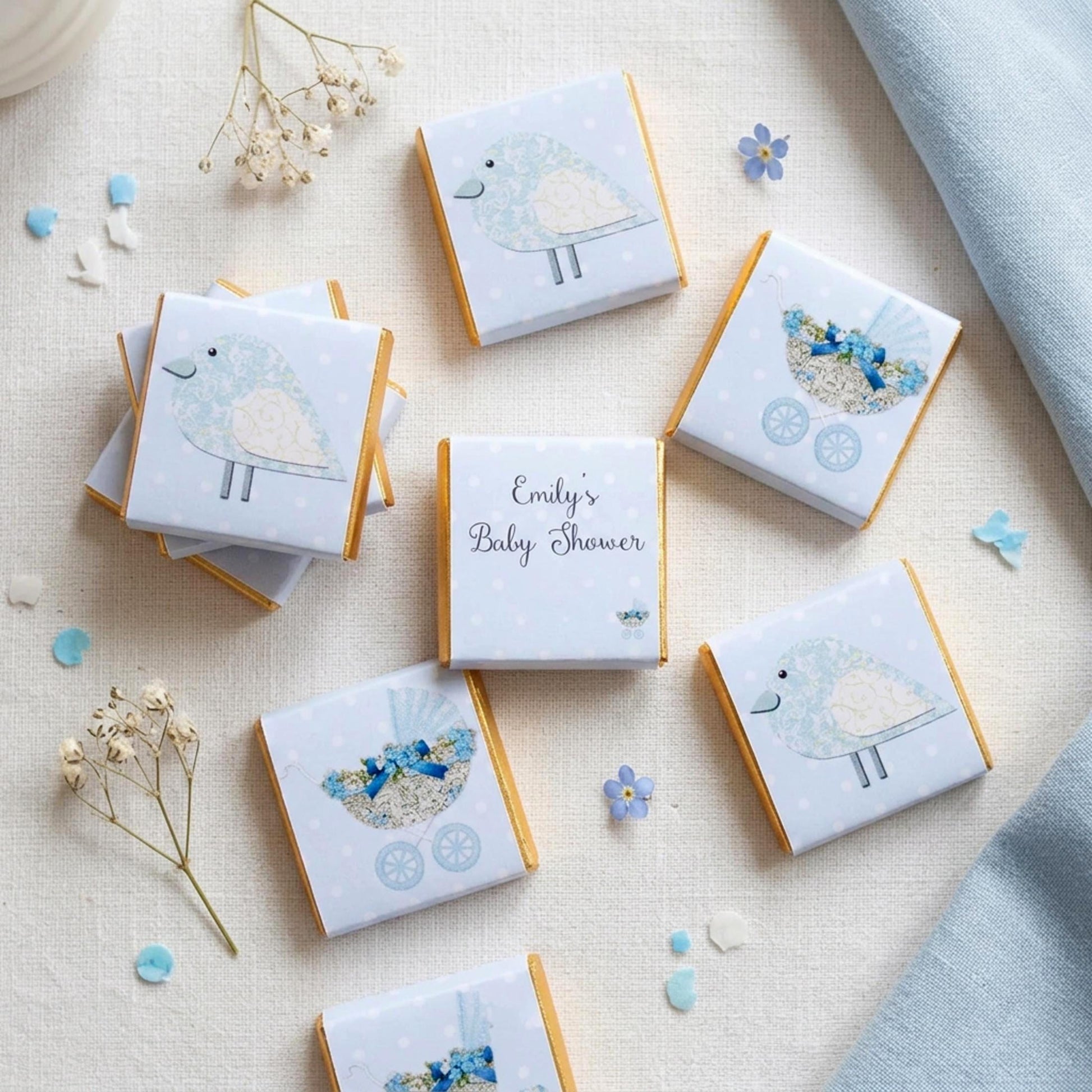 Personalised Baby Shower Chocolates – Pastel Blue Bird & Pram Treats