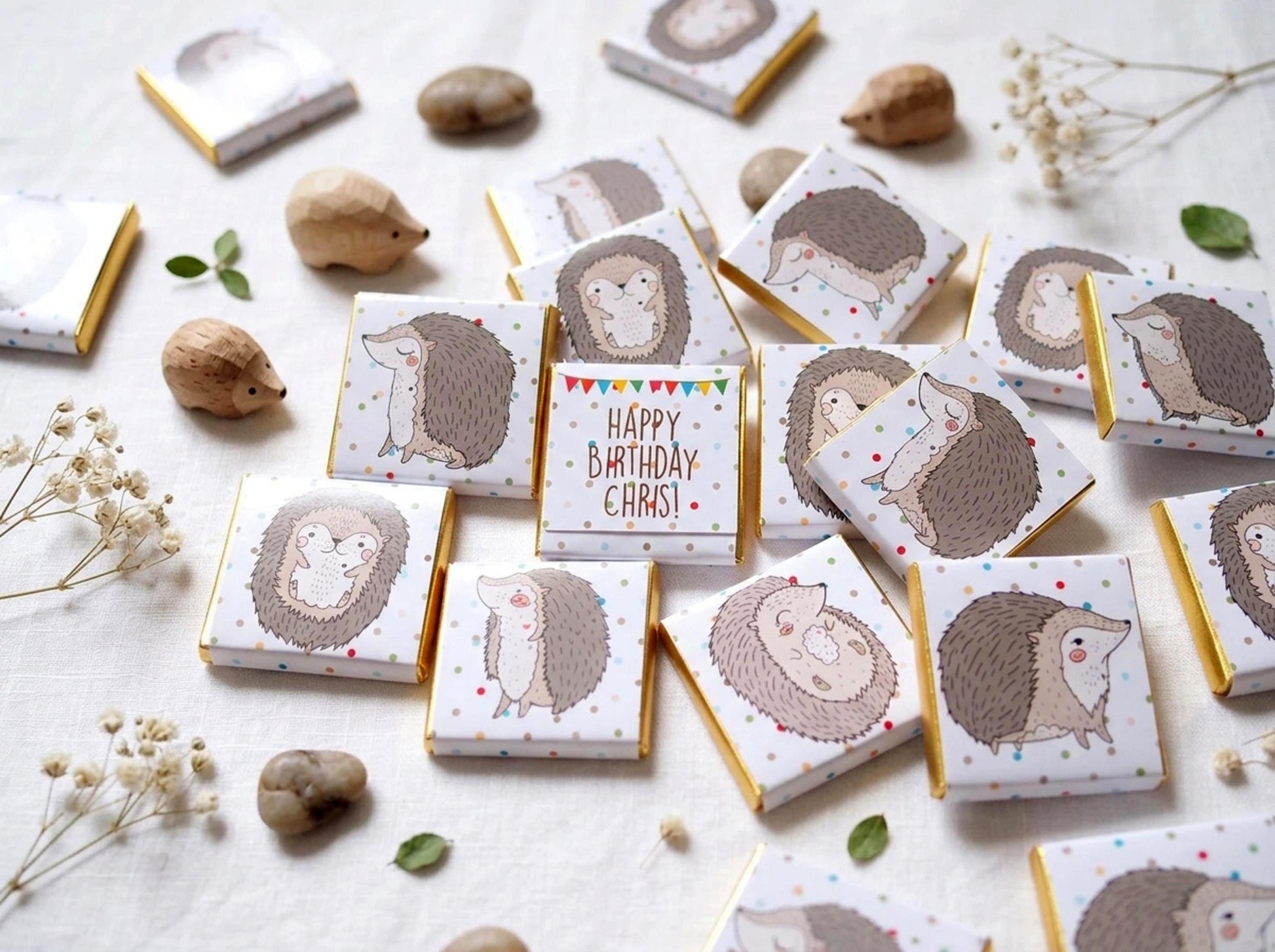 Personalised Hedgehog Birthday Chocolates – Woodland Party Favours, Custom Guest Gifts