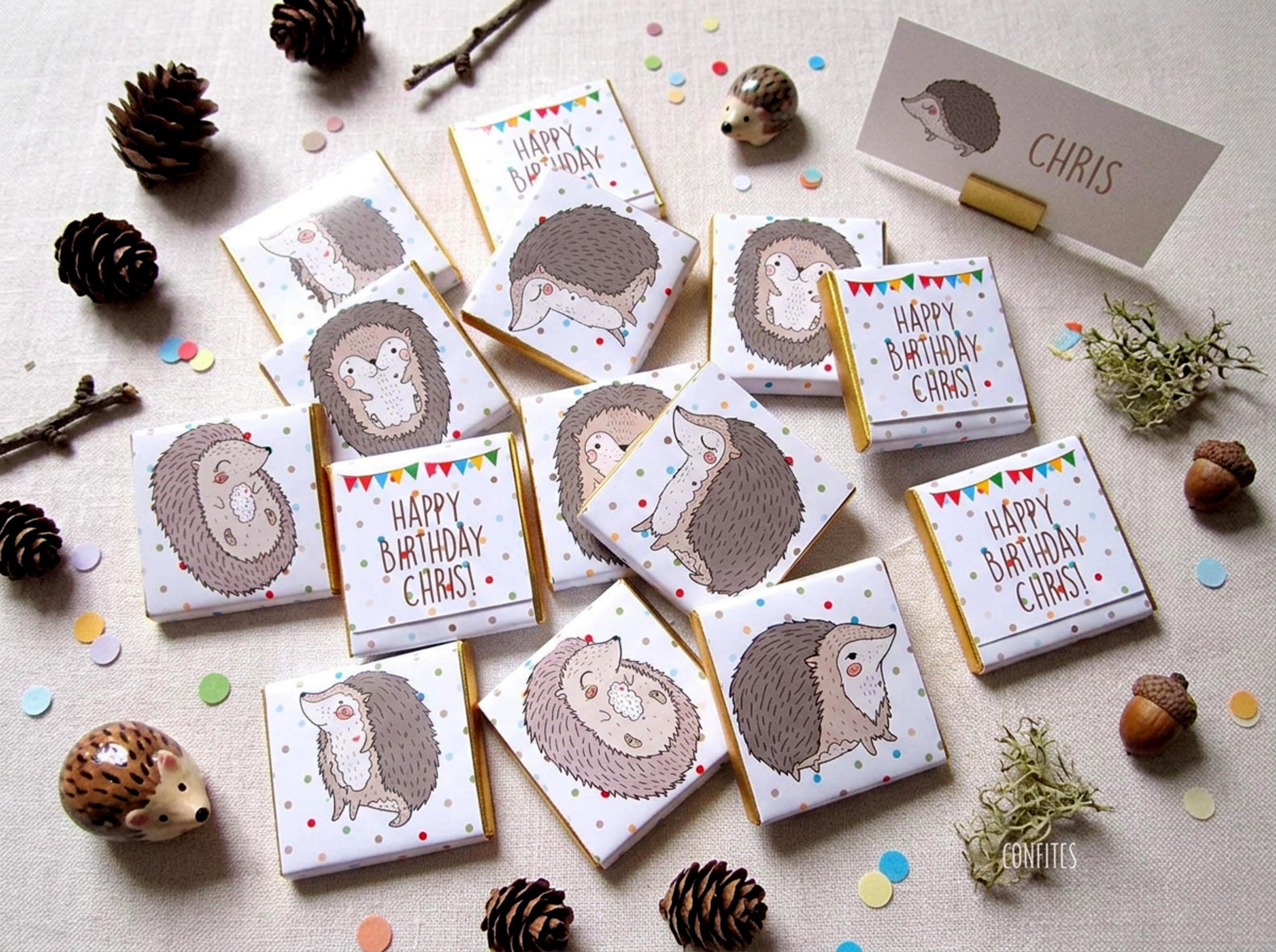 Personalised Hedgehog Birthday Chocolates – Woodland Party Favours, Custom Guest Gifts