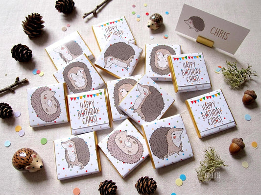 Personalised Hedgehog Birthday Chocolates – Woodland Party Favours, Custom Guest Gifts