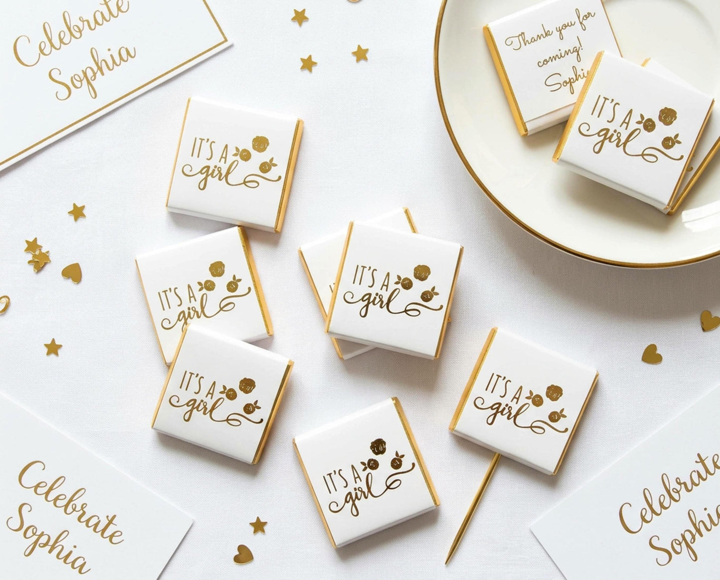Personalised It's a Girl Baby Shower Chocolates – Gold Floral Favours, Guest Party Bag Fillers