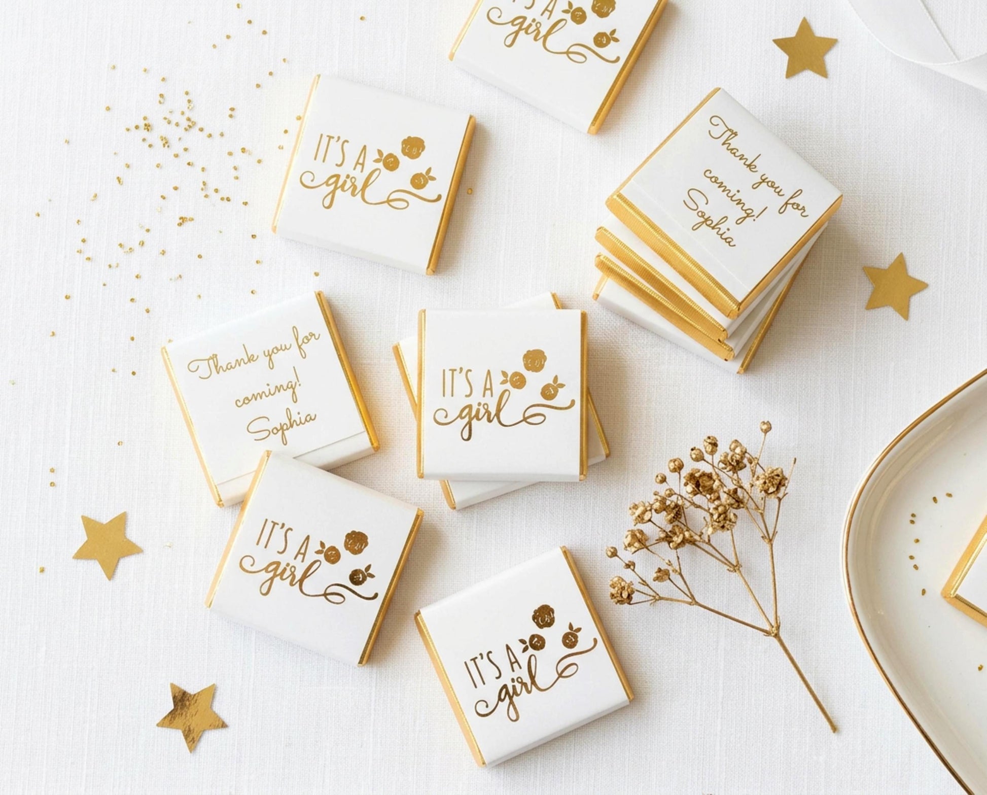 Personalised It's a Girl Baby Shower Chocolates – Gold Floral Favours, Guest Party Bag Fillers