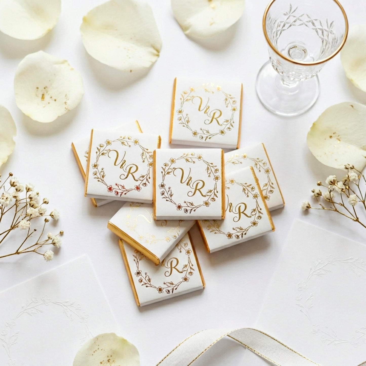 Personalised Floral Wedding Favours - Gold Foiled Chocolate Treats - Botanical Wreath Wedding Table Decor