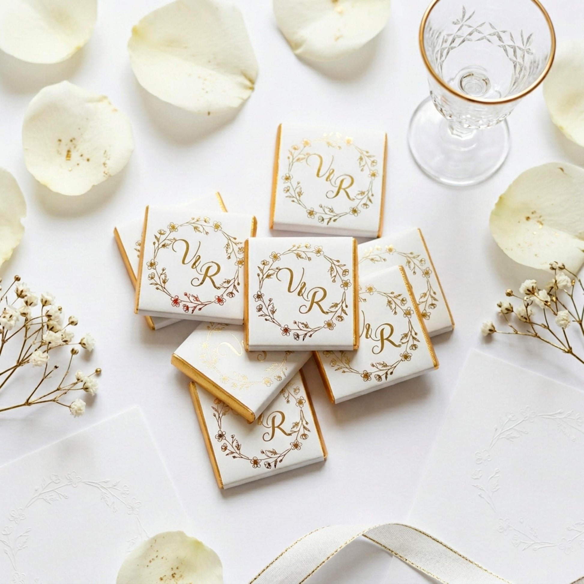 Personalised Floral Wedding Favours - Gold Foiled Chocolate Treats - Botanical Wreath Wedding Table Decor