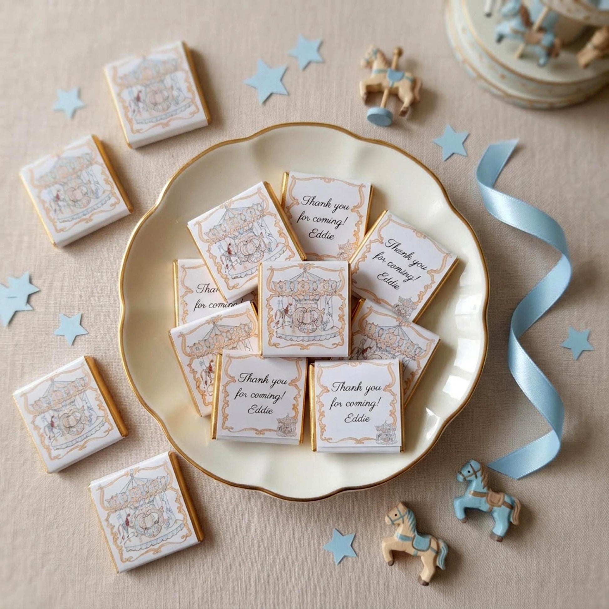 Personalised Blue French Carousel Chocolate Favours – Boys Birthday Party Bag Fillers