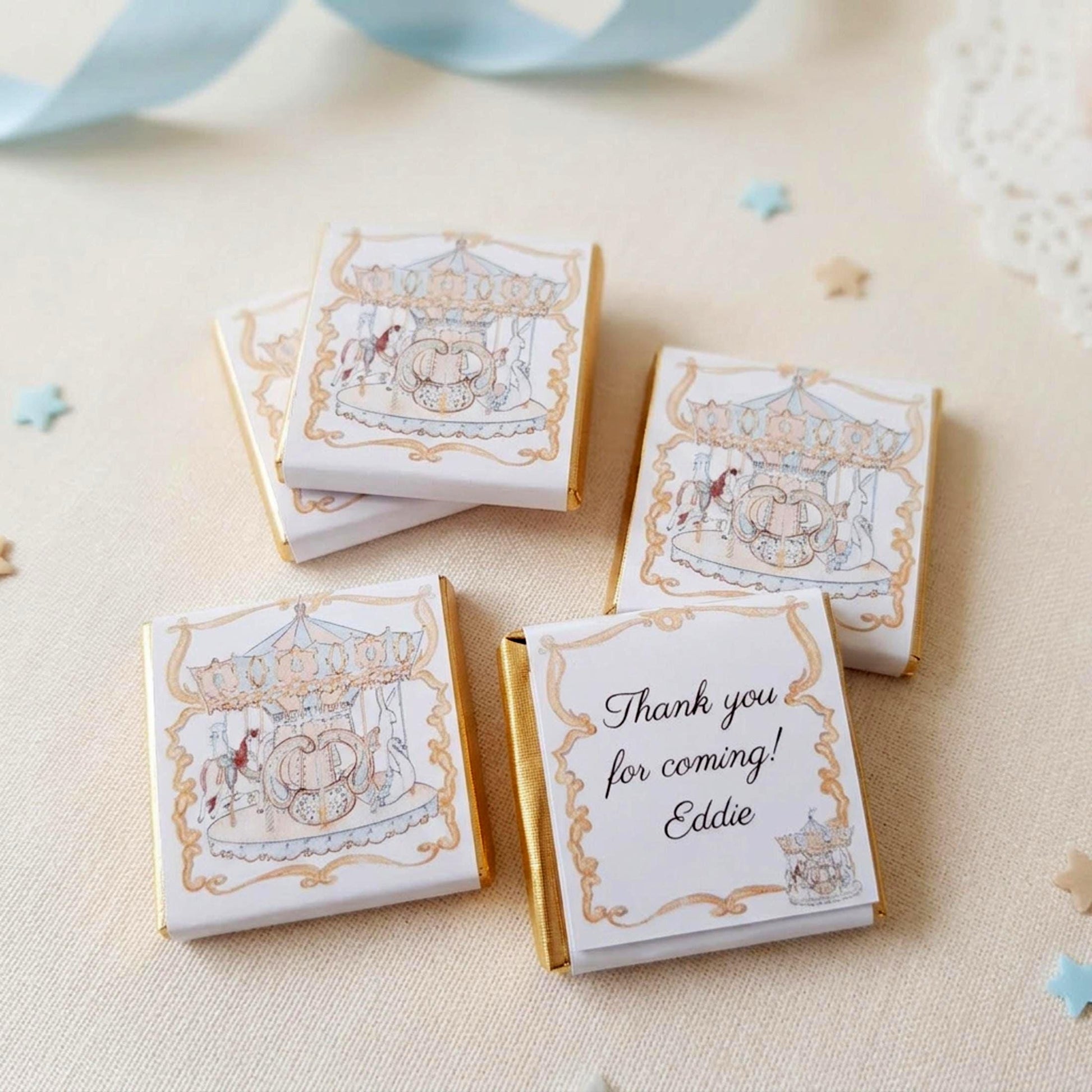 Personalised Blue French Carousel Chocolate Favours – Boys Birthday Party Bag Fillers